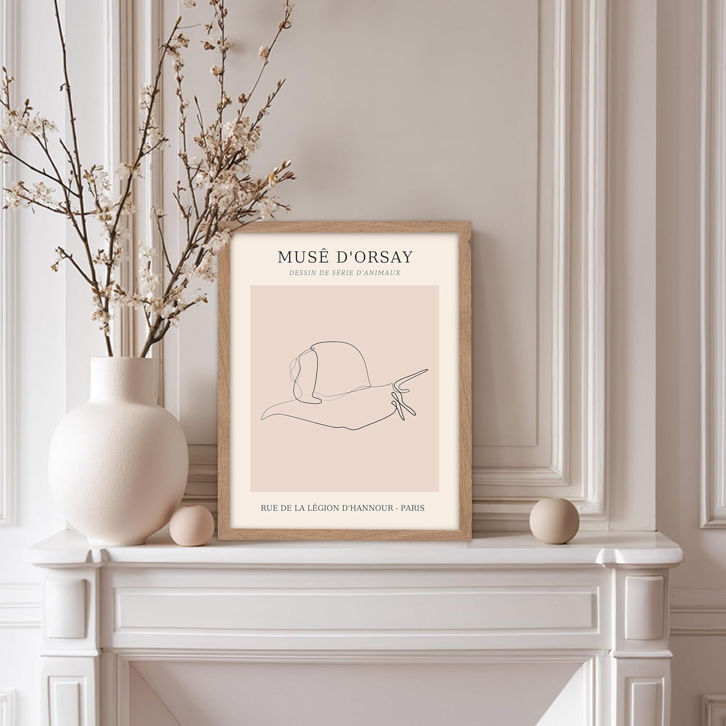 Poster Master Vintage Poster - Retro One Line Snail Drawing Print - Snail Line Art - Minimal Gift for Men, Women, Animal Lover - Abstract Wall Decor for Home, Office, 8x10 Beige Framed