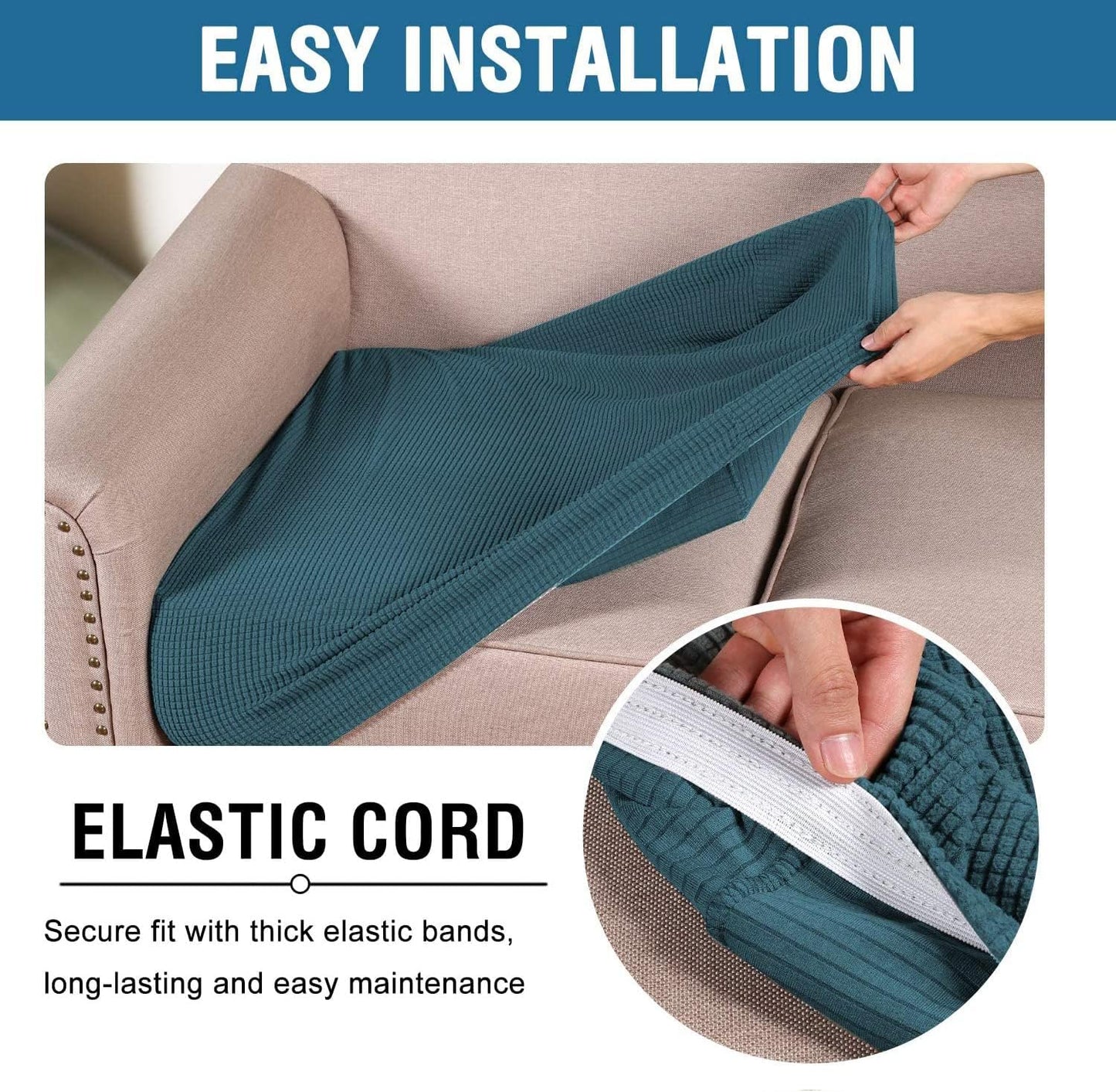 H.VERSAILTEX Super Stretch Individual Seat Cushion Covers Sofa Covers Couch Cushion Covers Slipcover Sets Thick Jacquard Textured Twill Fabric (2 Piece Medium Sofa Cushion Covers, Deep Teal)