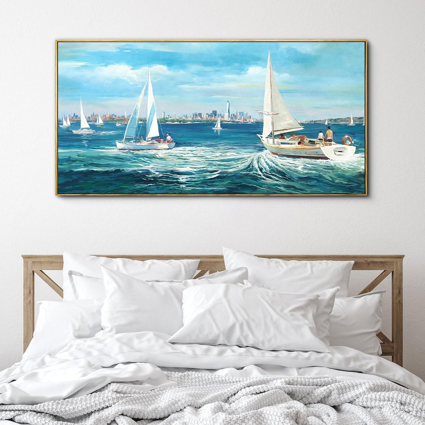 XLSJERST Blue Canvas Wall Art Seascape Painting - Landscape Picture Textured Navy Modern Sailboat Ocean Artwork Framed for Living Room Bedroom Bathroom Home Office Wall Decor Large Size 20"x40"