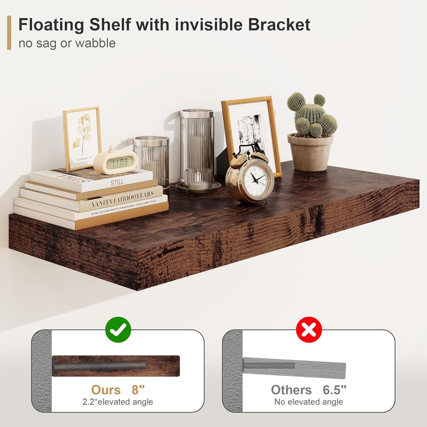 Heimlove Rustic Brown Bathroom Shelves Floating Shelves for Wall Shelf Over Toilet Long Wall Mounted Modern Farmhouse,48 x 12 Shelves with Invisible Brackets for Living Room, Kitchen, Bedroom