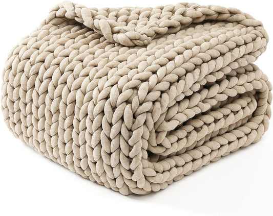 YnM Chunky Throw Blanket, Medium-Weight, Hand Knitted, Skin Friendly, Ventilated and Breathable, Machine Washable, Home Décor Piece for Couch, Sofa and Bed (Beige, 60x80 Inch)