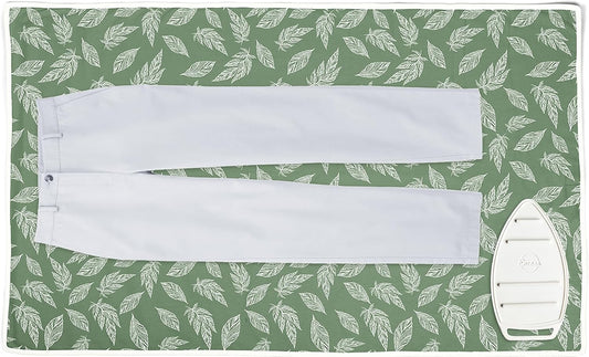 Encasa XO Ironing Mat/Pad (Large 48"x28") with 3mm Padding & Silicone Iron Rest for Steam Pressing on Tabletop or Bed - Heat Resistant, Portable, Quilting & Travel Blanket - Big Leaves Green