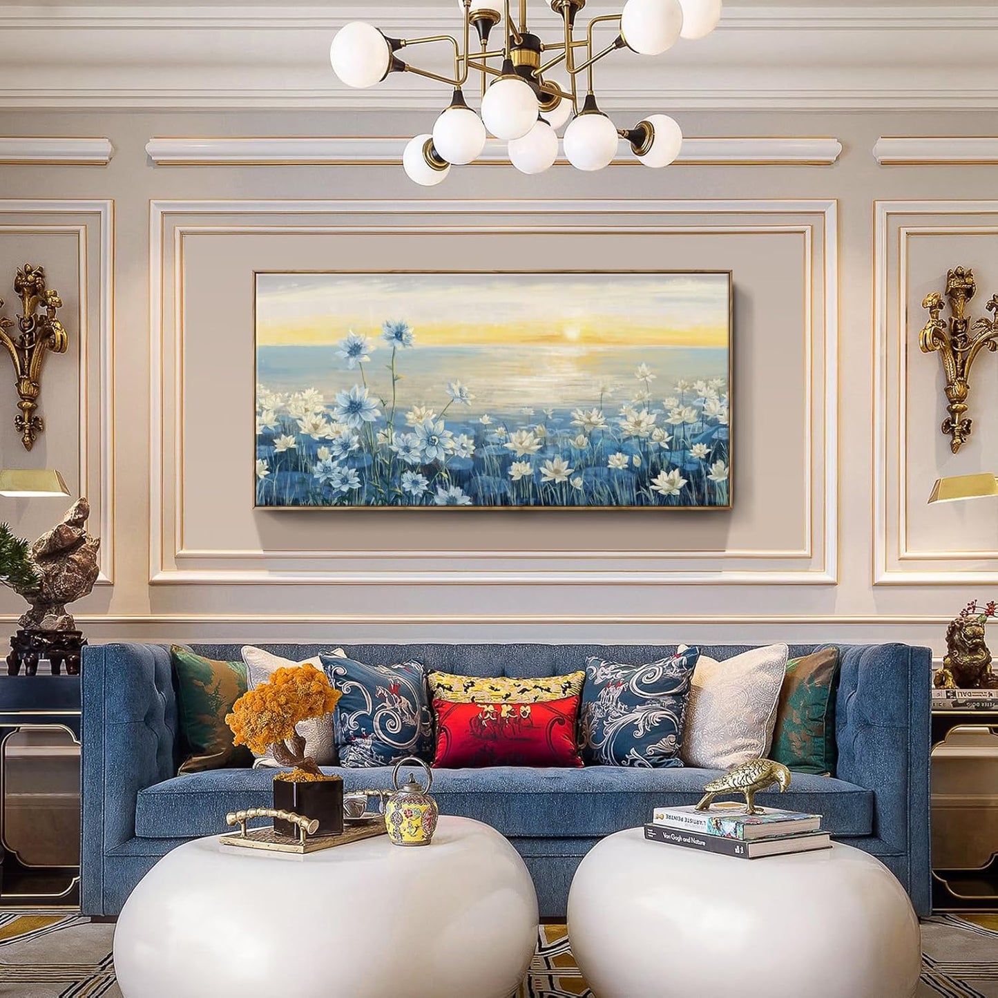 Large Wall Art for Living Room Modern Framed Coastal Beachy Canvas Wall Art Big Floral Sunrise Blue Wall Picture Oversized Lake Nature Sunset Artwork for Office Bedroom Decor