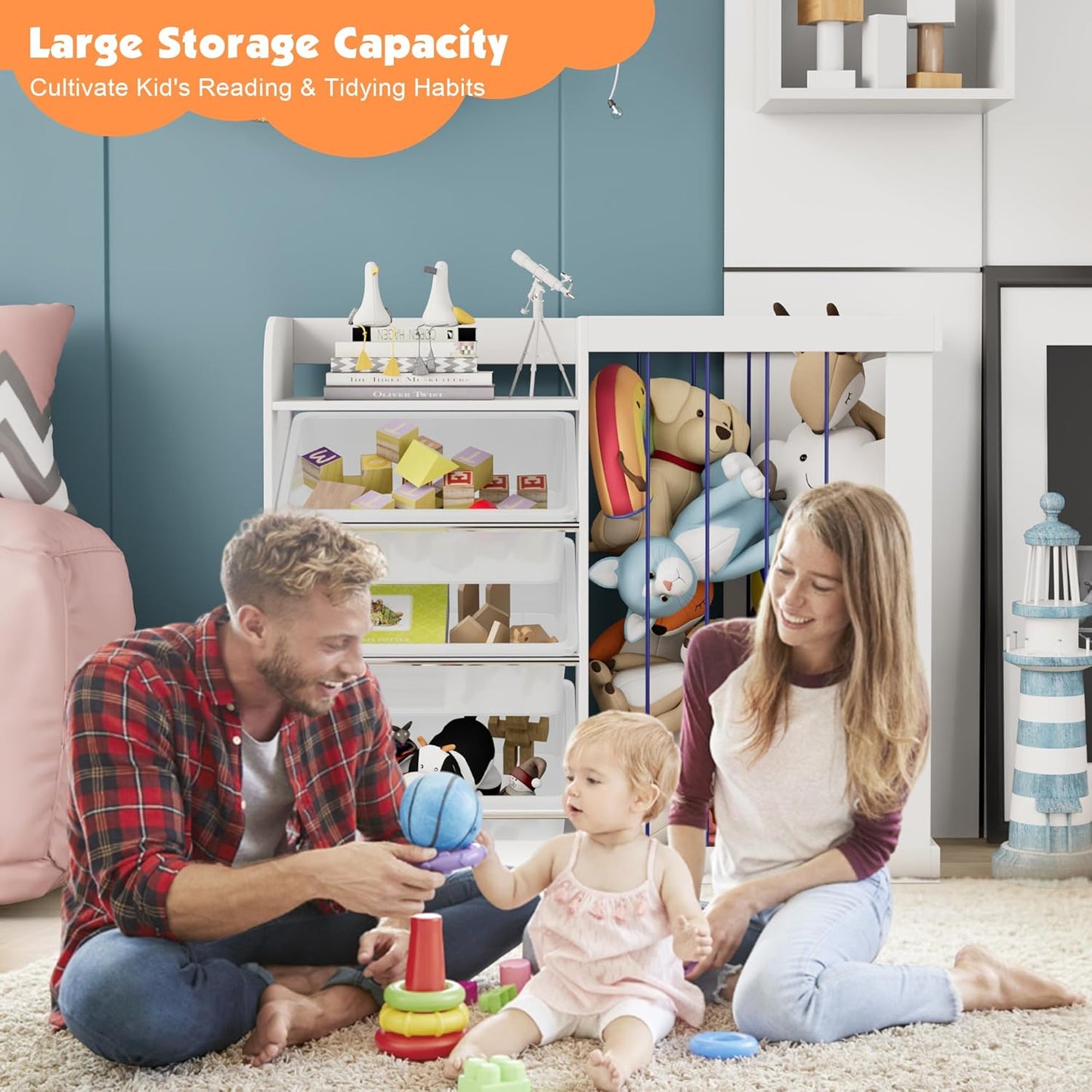 Kids Toy Storage Organizer with 3 Removable Plastic Bins Toddler Montessori Bookshelf with Stuffed Animal Net Holder Baby Bookcase Plush Organizer for Playroom,Bedroom,Kids Room,Classroom,Nursery