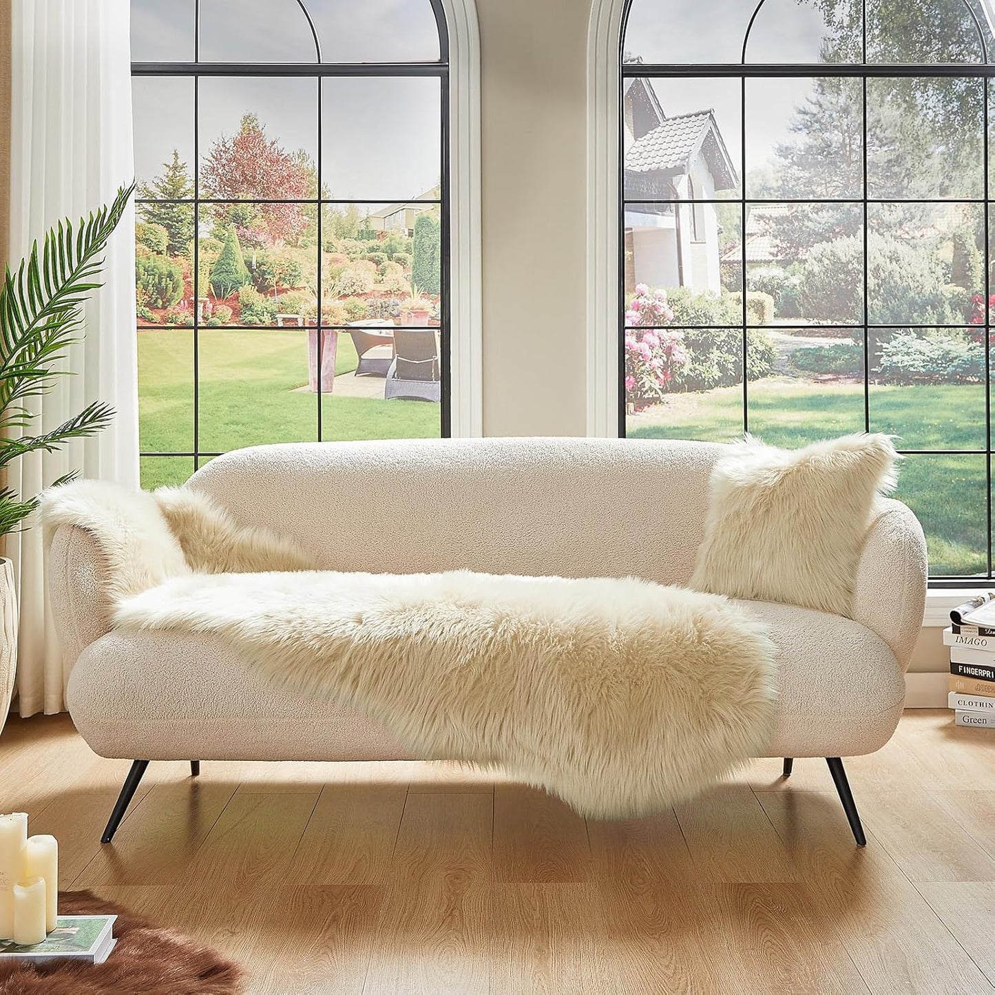 AMTOVO Faux Sheepskin Rug, Beige Ultra Soft Fluffy Shag Area Rug, 2 x 6 ft Faux Fur Rug for Bedroom Sofa Throw Cushion Room Decor, Sheepskin