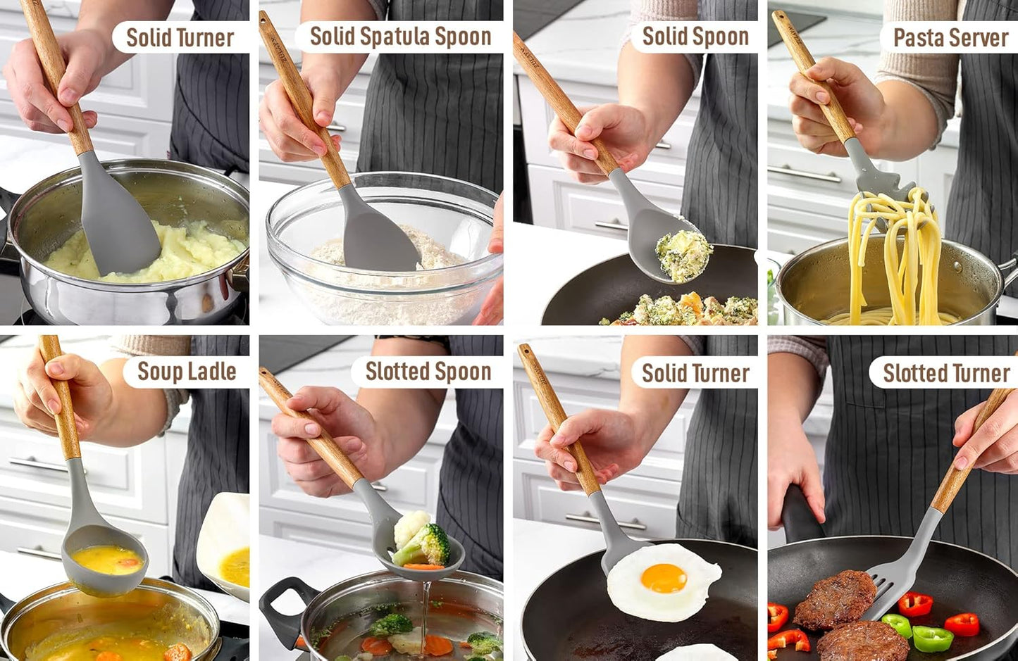 Zulay Kitchen Utensils Set Non-Stick Silicone Cooking Utensils Set with Authentic Acacia Wood Handles - 8 Piece Set - Silicone Kitchen Utensils Set with 464°F Heat Resistance - Gray