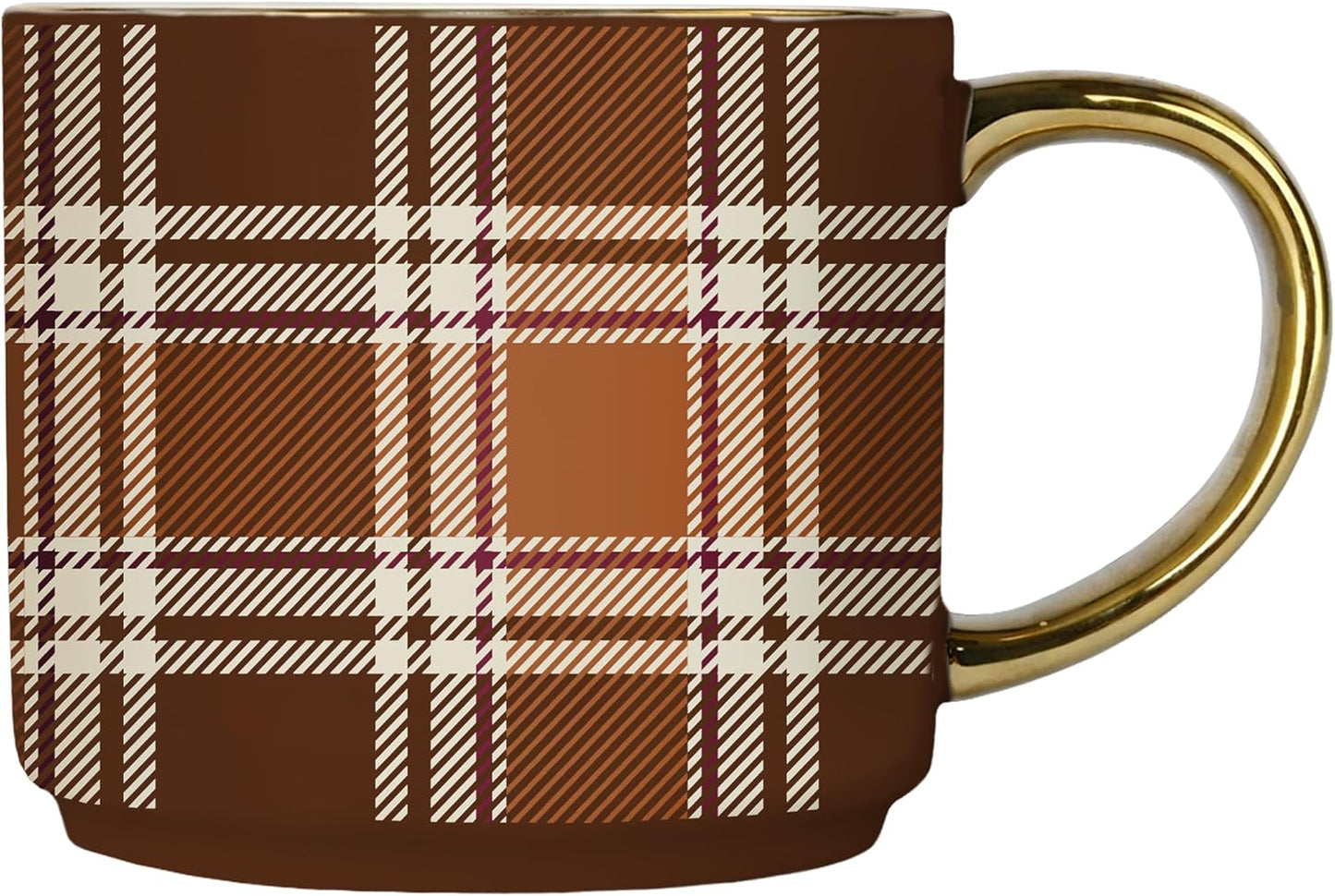 Sweet Water Decor Brown Plaid Mug with Gold Handle, 14oz Fine Bone China Coffee Cup for Tea, Latte, or Hot Cider, Cozy Fall Drinkware, Housewarming & Hostess Gift for Autumn and Thanksgiving