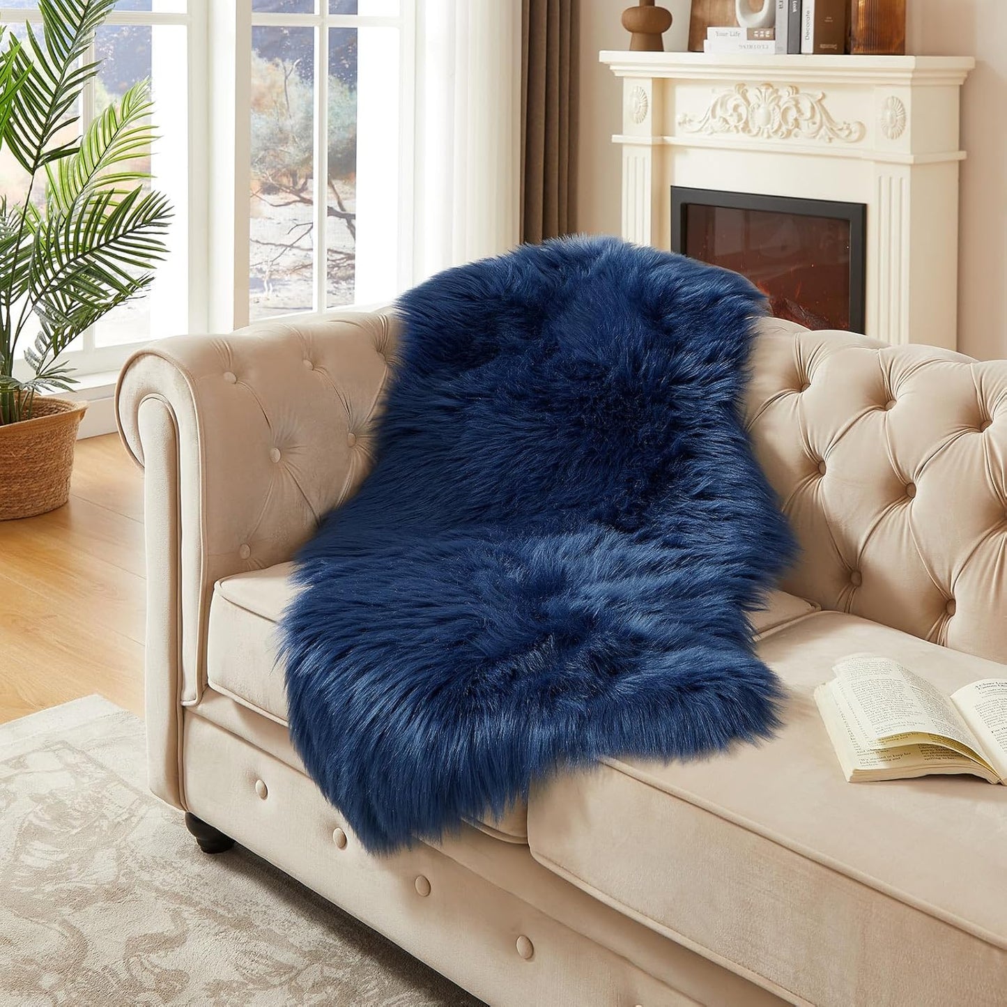 AMTOVO Faux Fur Rug, Dark Blue Area Rug, Fluffy Sheepskin Rug, Fuzzy Ultra Soft 2 x 4 ft Shag Rugs for Bedroom Sofa Throw Cushion Room Decor, Sheepskin