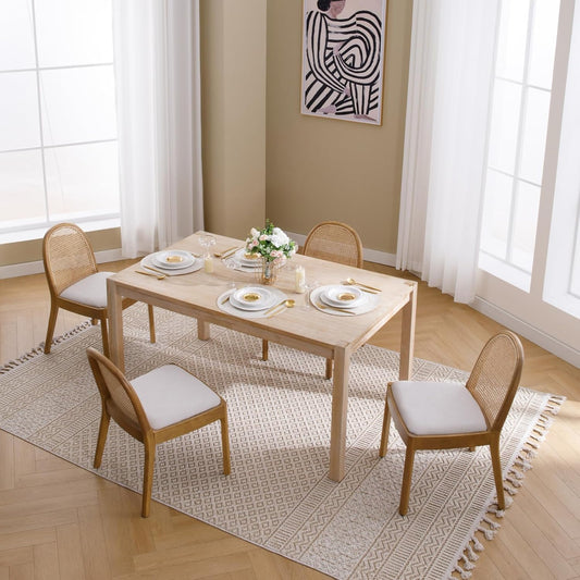 Mid Century Dining Chairs Set of 4, Accent Rattan Linen Fabric Side Chairs Kitchen Chair with Solid Wooden Legs for Living Room Dining Room, Beige