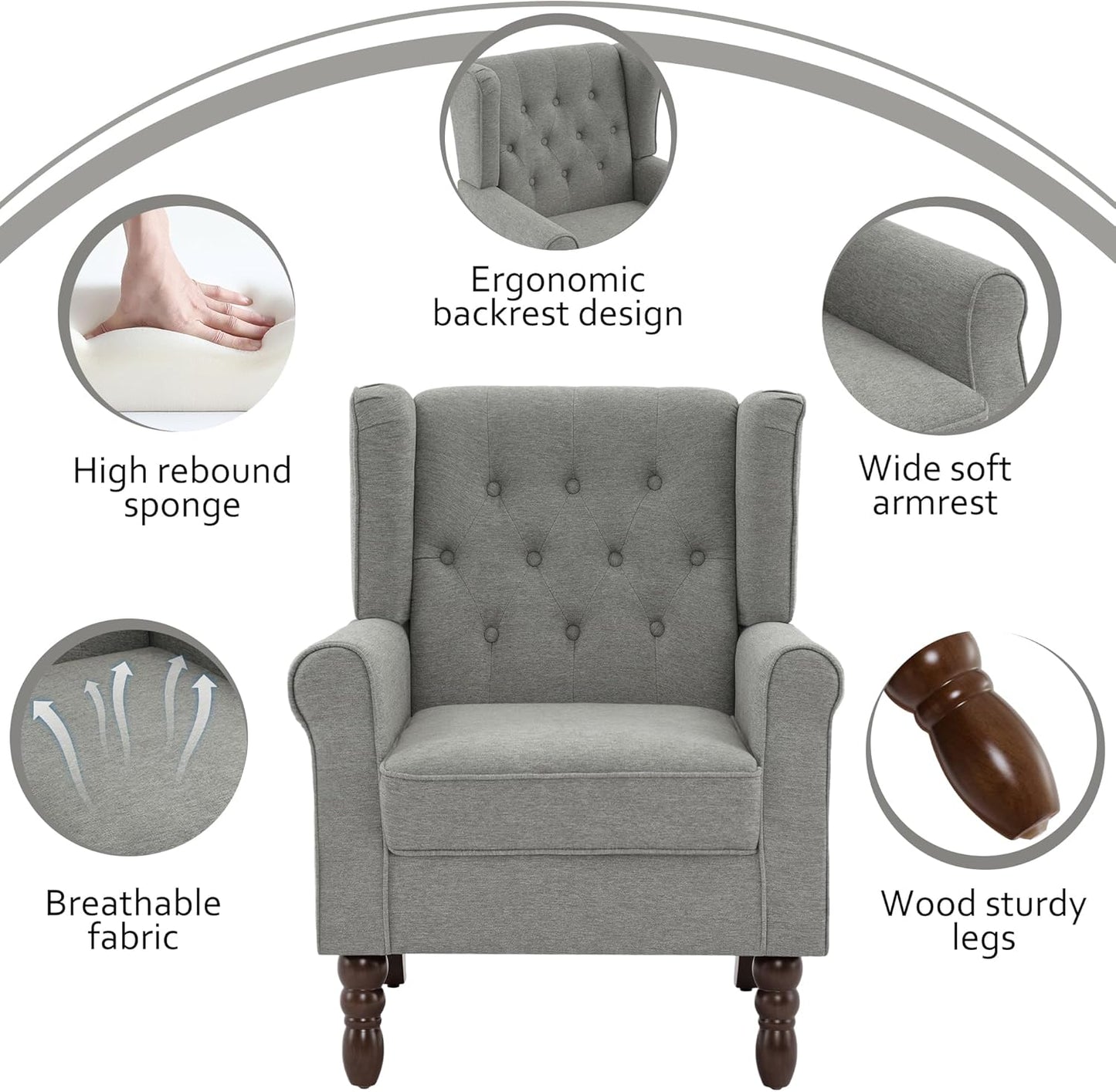 Lumibee High Back Accent Chair,Upholstered Wingback Armchair with Solid Wood Legs for Small Spaces,Comfy Single Sofa Chair for Living Room,Bedroom,Office-Light Gray