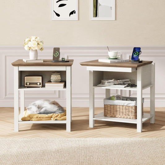 Rresyet Sliding Side Table Set of 2 with Charging Station & 2-Tier Storage,Farmhouse End Table, Wooden Nightstand for Bedroom & Living Room,White