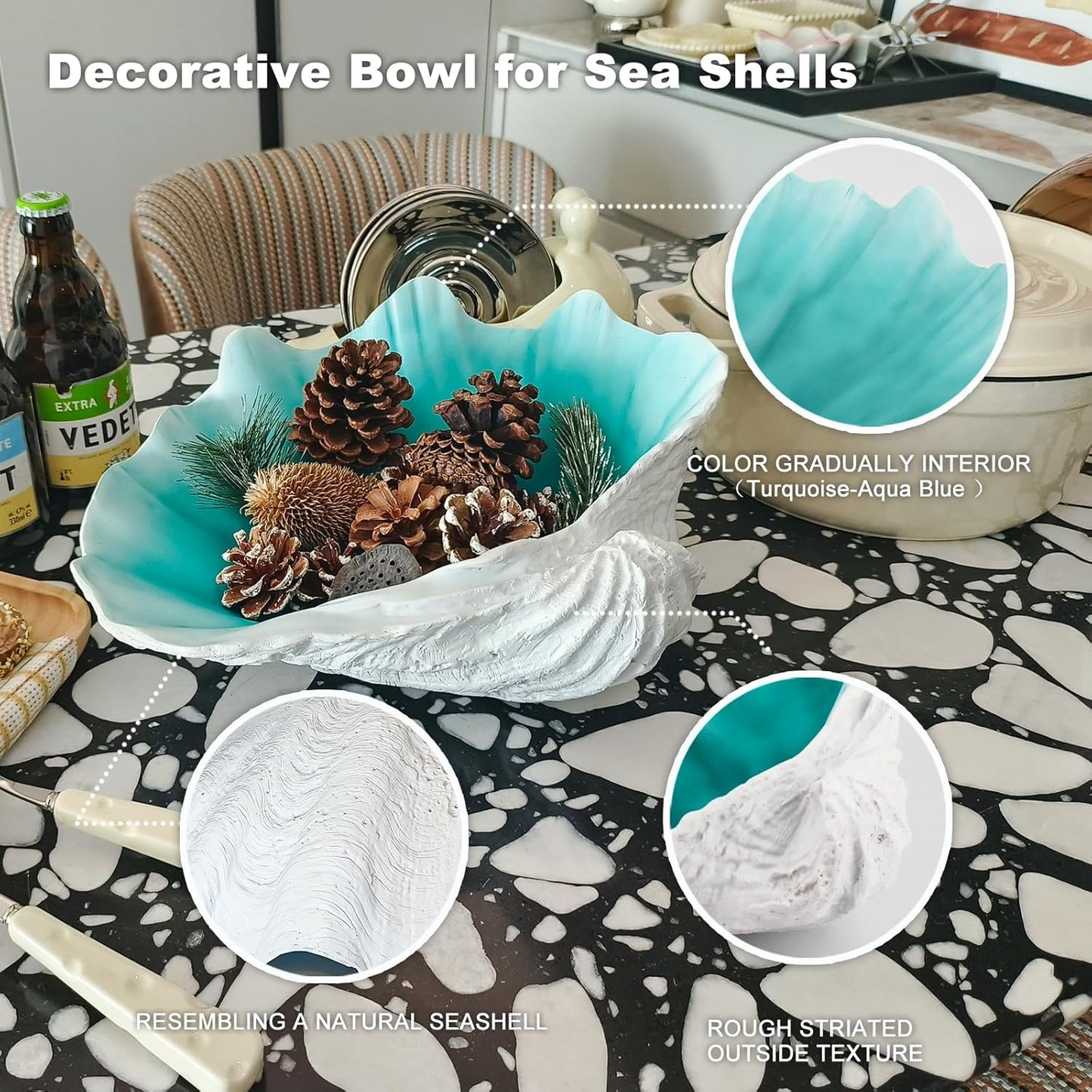 Extra Large Clam Shells Decorative Bowl-Turquoise Sea Shells Decorative Storage Bowls for Coastal Beach theme house table centerpiece decorations & Nautical decorations for coffee table -12.4"-1PC