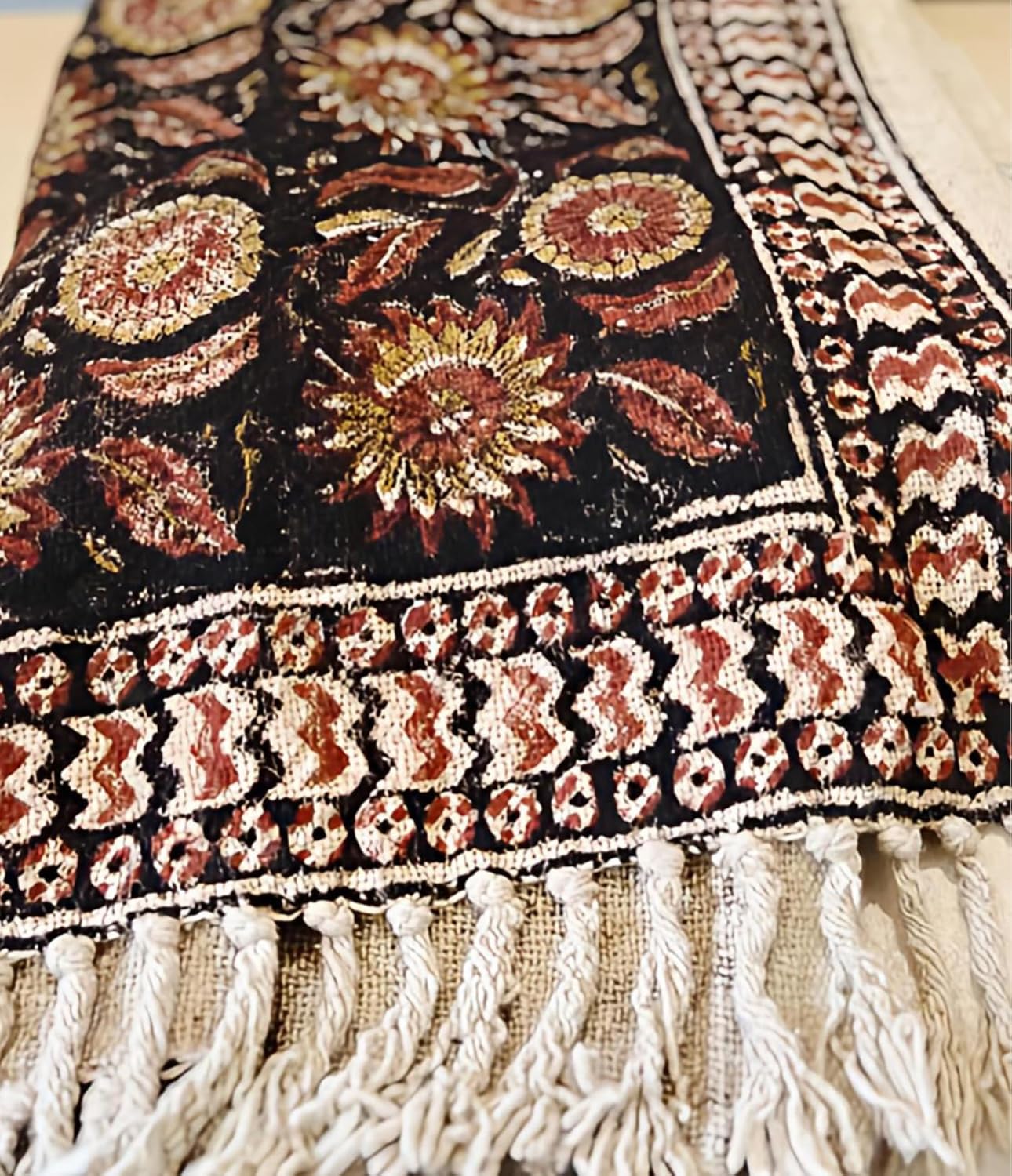 Bohemian Mud Cloth Handmade Throw with Tassels - 120x180 CM Handblock Printed Floral Cotton Blanket, Soft Handloom Sofa Throw for Living Room, Bed, Couch & Home Décor