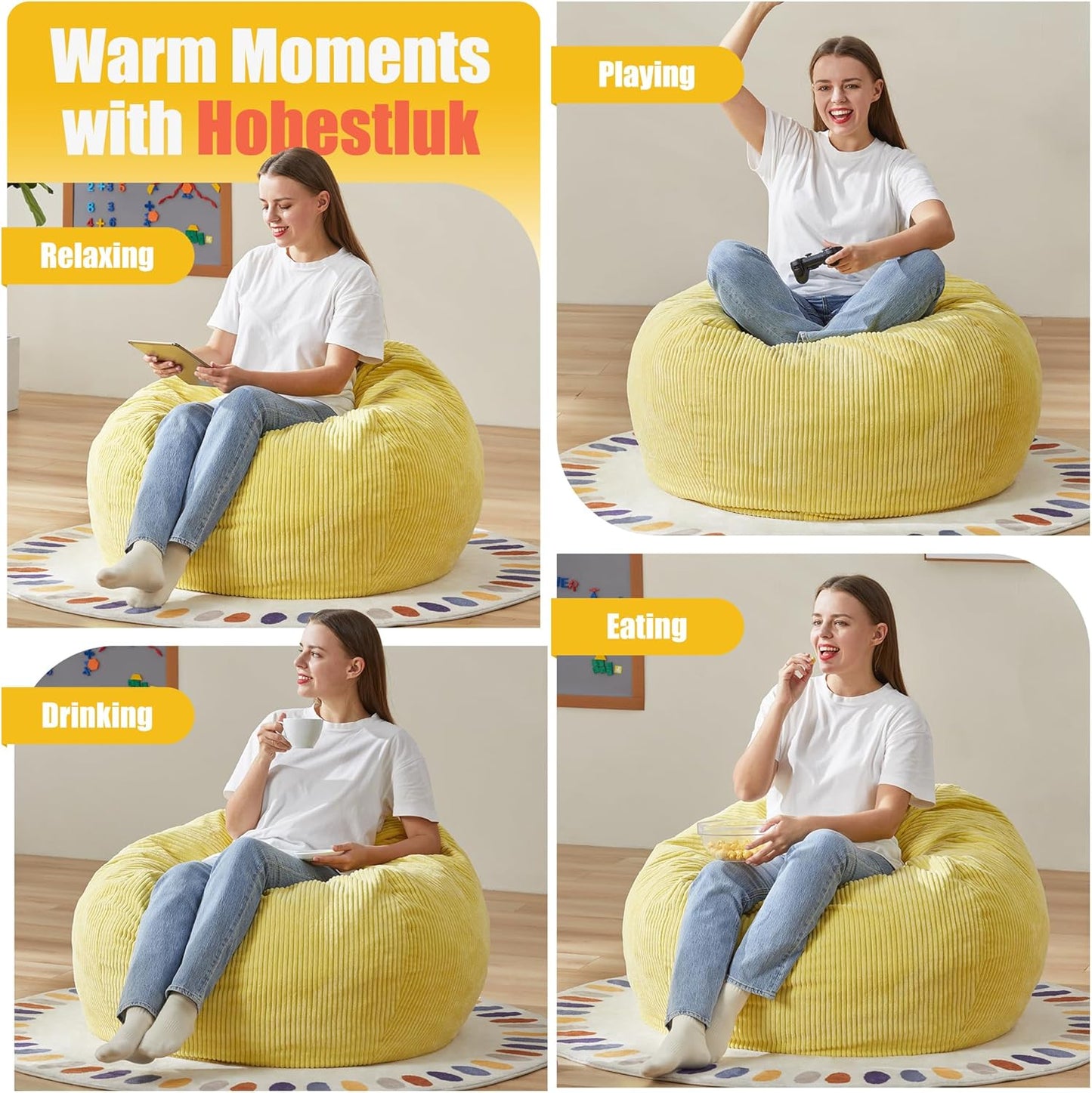 Hobestluk 3.5FT Bean Bag Chair Adult Bean Bag Chair Large Bean Bag Chair with Filler Included Teardrop Bean Bag with Removable Cover for Bedroom Living Room - (Large, Yellow)