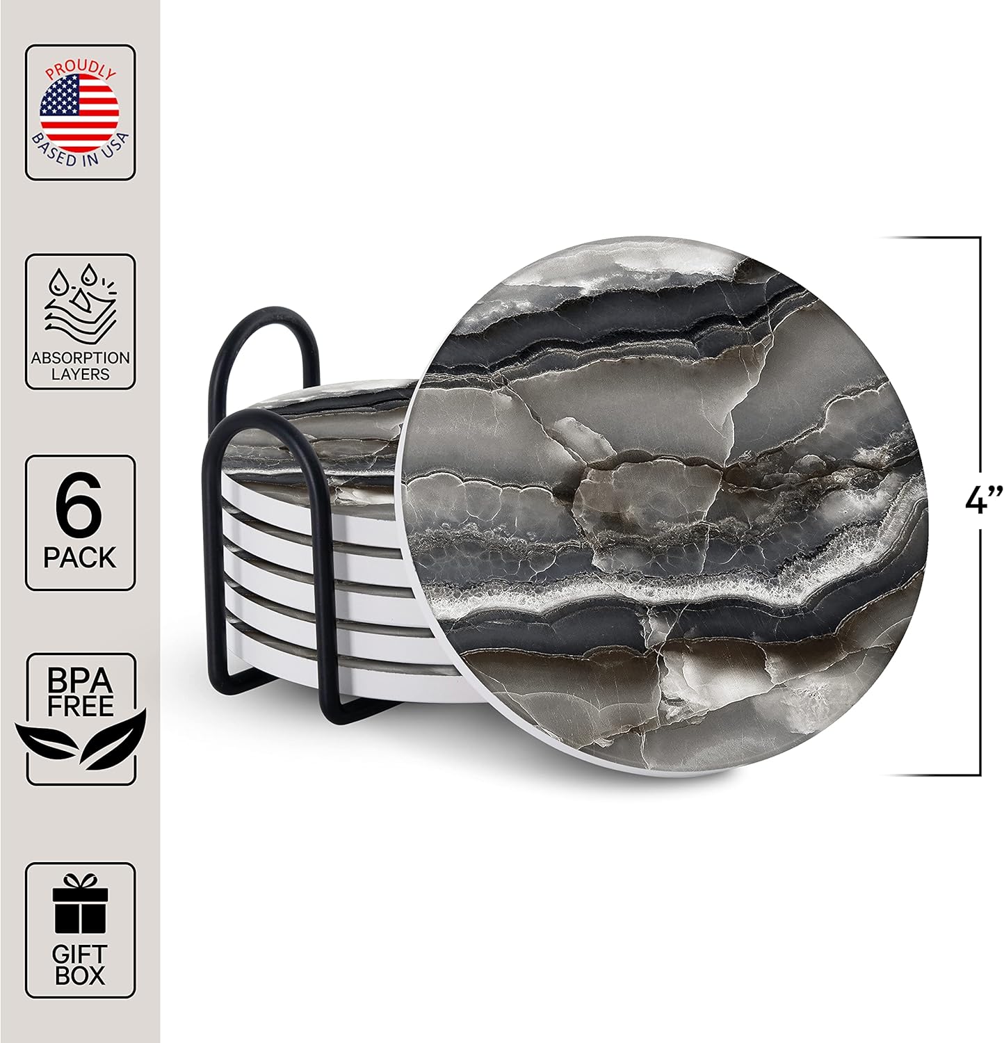 Emerson Essentials Coasters for Drinks Absorbent with Holder, Set of 6, Cork Backing Ceramic Stone Marble Style for Wooden Coffee Bar Tables, Glass Tabletop Non Slip, with Stand