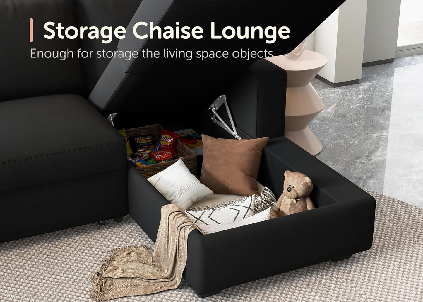 HONBAY Sectional Sleeper Sofa with Pull Out Bed U-Shape Sectional Couch with Storage Chaise 6 Seater Sleeper Sectional Sofa Bed, Velvet Black