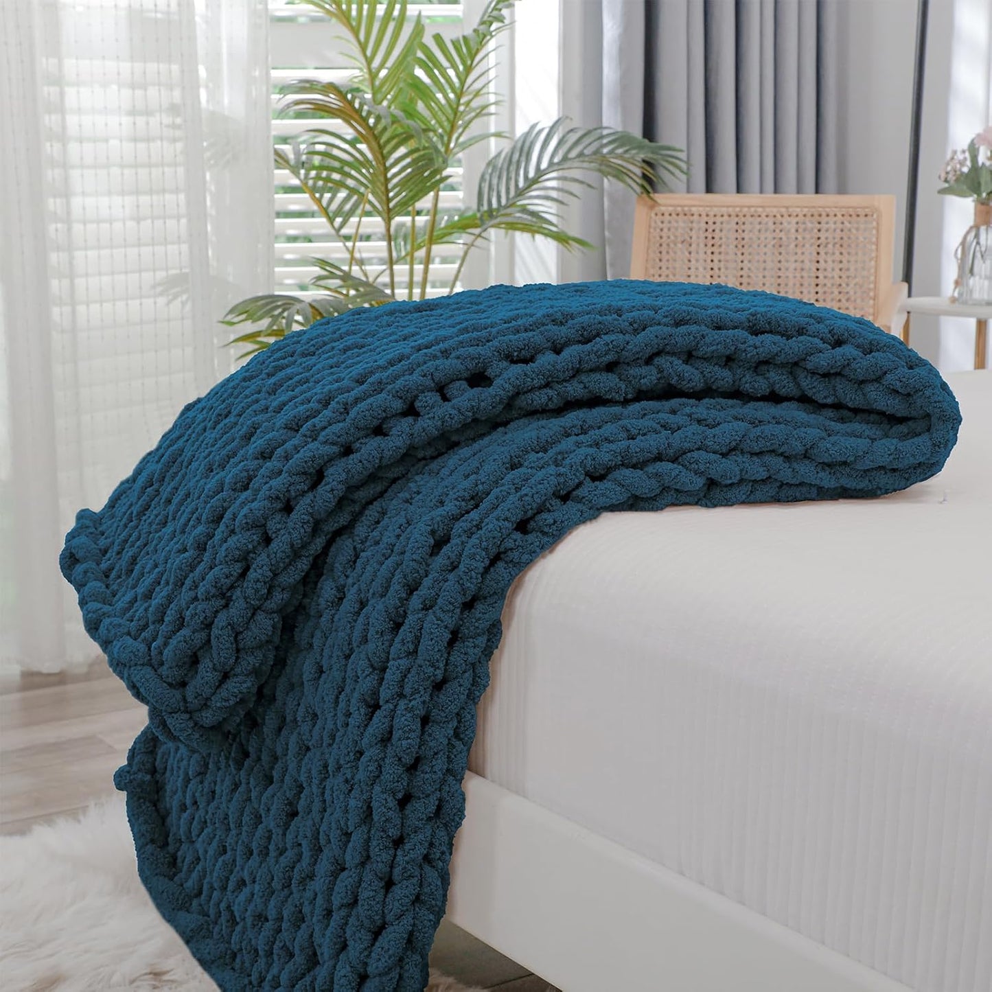 Bigacogo Chunky Knit Throw Blanket for Couch, 40x40 inches, 100% Hand Knitted with Thick Jumbo Chenille Yarn, Cozy Soft Large Rope Knot Cable Crochet Blankets for Sofa Bed Living Room, Deep Sea Blue