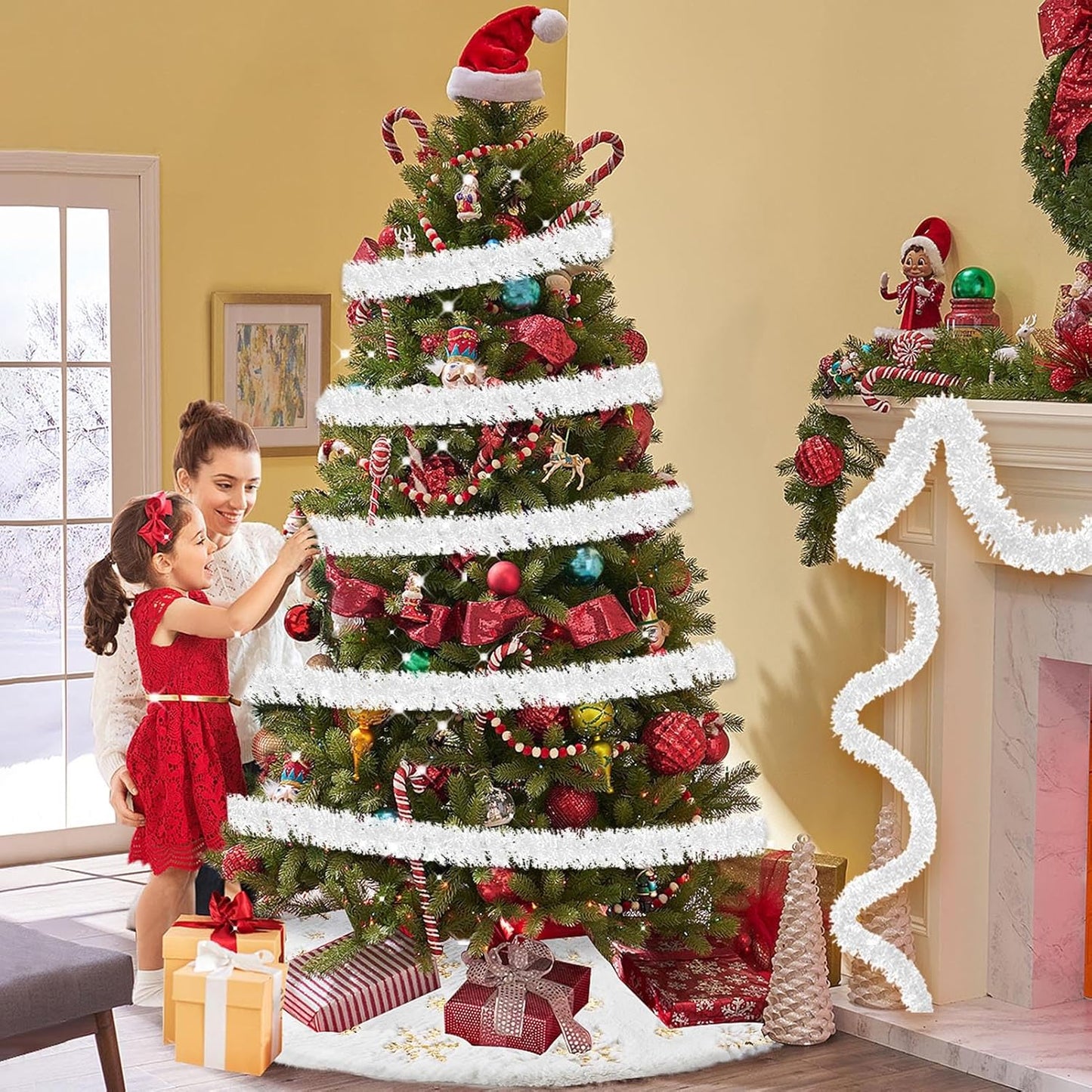 50 Feet Christmas Tinsel Garland, Metallic Twist Wall Hanging Backdrop for Parade Floats, Christmas Eve, New Year, Valentine's Day Party Decorations (Macaron White, 2in x 50ft)