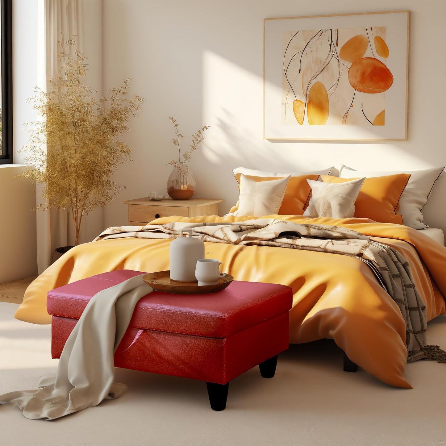 Ottoman Rectangular Storage Ottoman Bench, Faux Leather Footrest, Coffee Table, Stool Footstool with Hinged Lid for Living Room, Bedroom, Entryway, Red, 28.5"x19"x17.5"