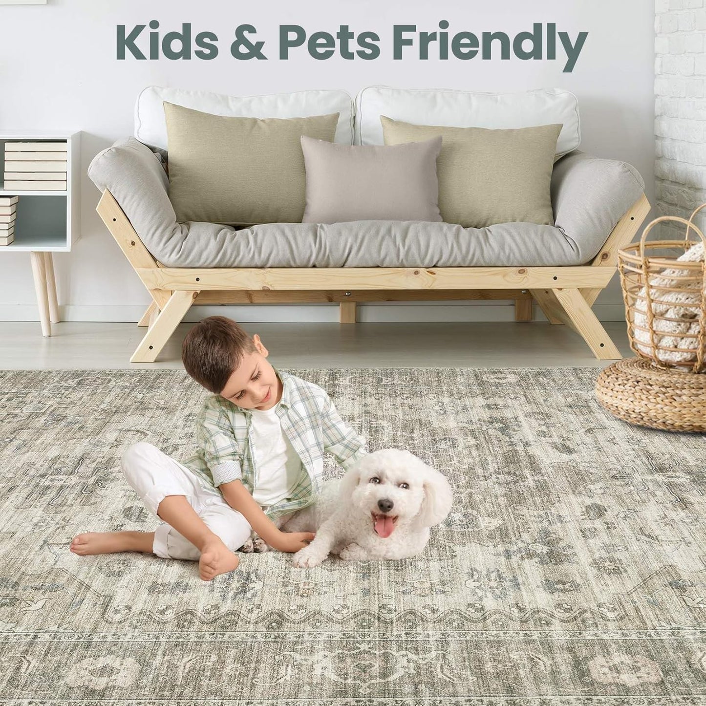 Washable Area Rugs for Living Room -10x13 Neutral Vintage Distressed Floral Farmhouse Boho Large Soft Floor Rug Indoor Non Slip Carpet for Living Room Bedroom Dining Room Office-Brown/Tan