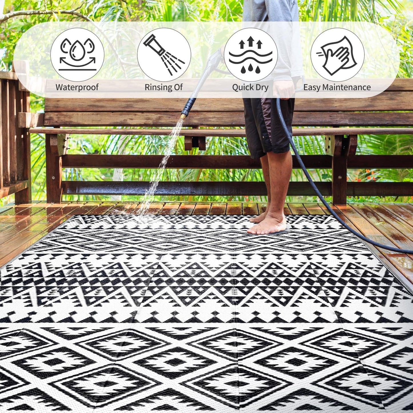 Waterproof Outdoor Rug 8x10ft, Bohemia Reversible Plastic Straw Mat for Patio RV Deck Porch Backyard Balcony Camping Picnic Beach Indoor Outdoor Carpet, Black&White