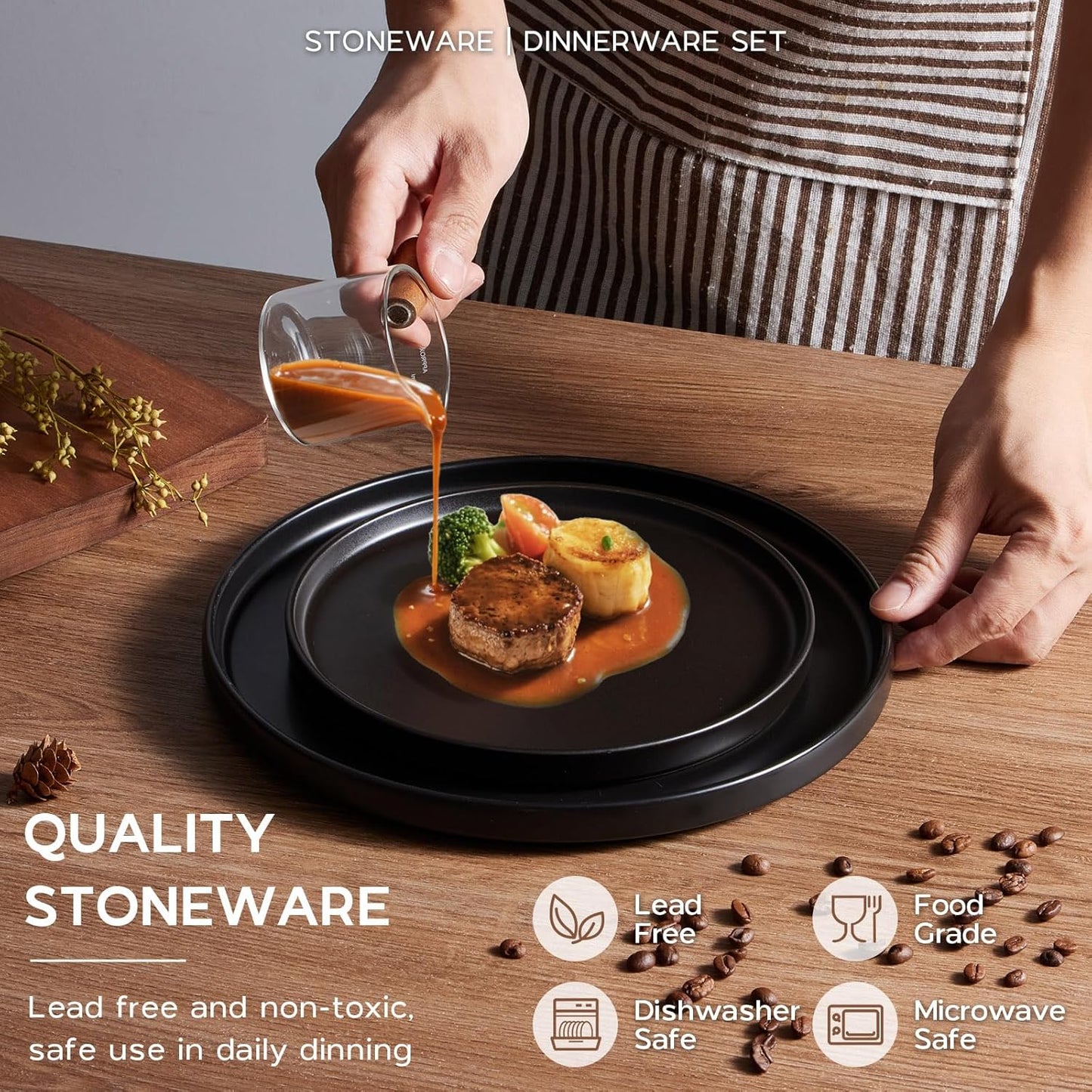 Onader 24 Piece Stoneware Dinnerware Sets with Pasta Bowls, Kitchen Dinner Dishes Set for 6, Plates and Bowls Dishware Dining Ware - Ebony Black