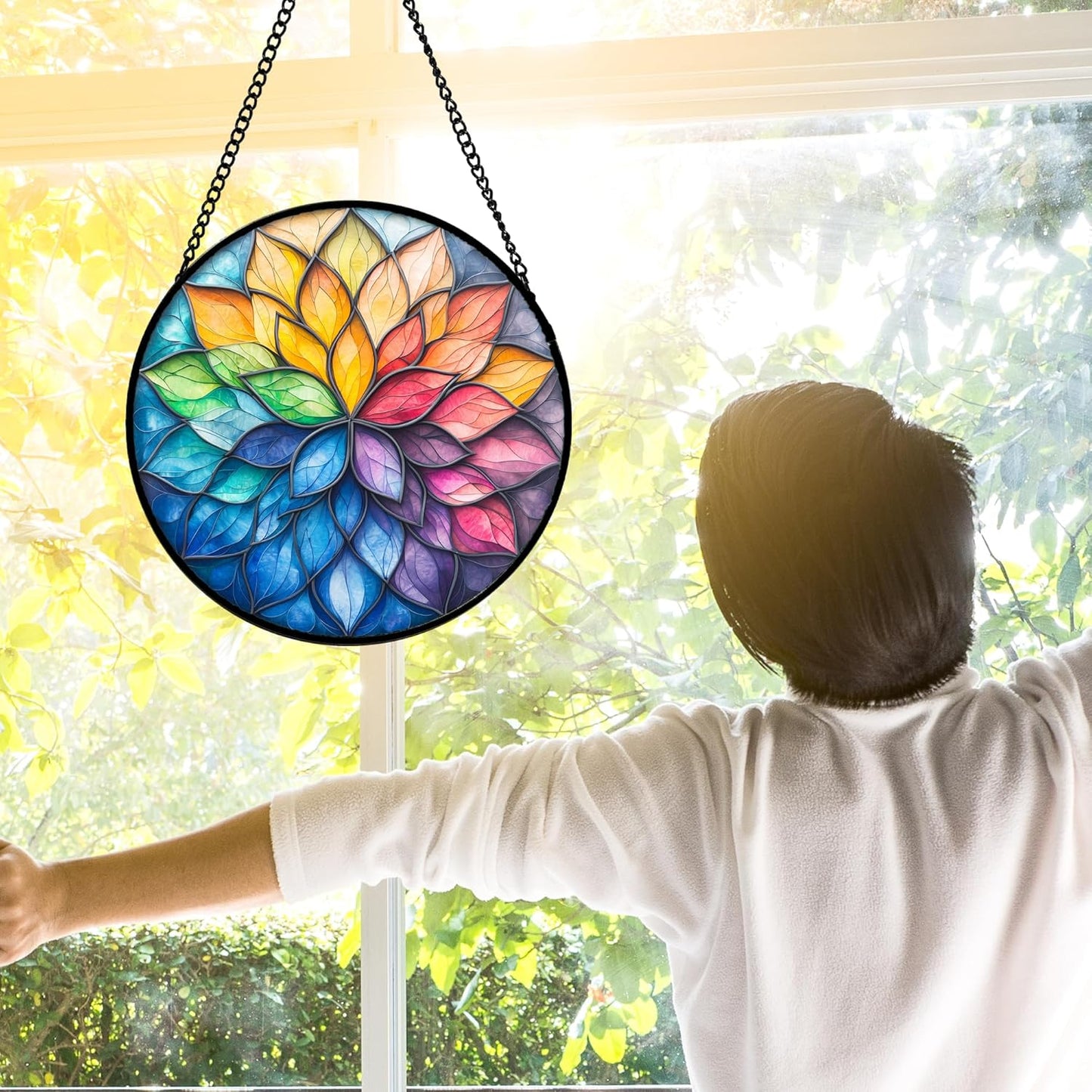 Stained Glass Window Hanging, Colorful Flower Petals Sun Catchers Diamond Glass Panel Hangings Suncatcher Decor for Birthday for Women, Men, Wife, Aunt, and Mom 11.8x11.8 in