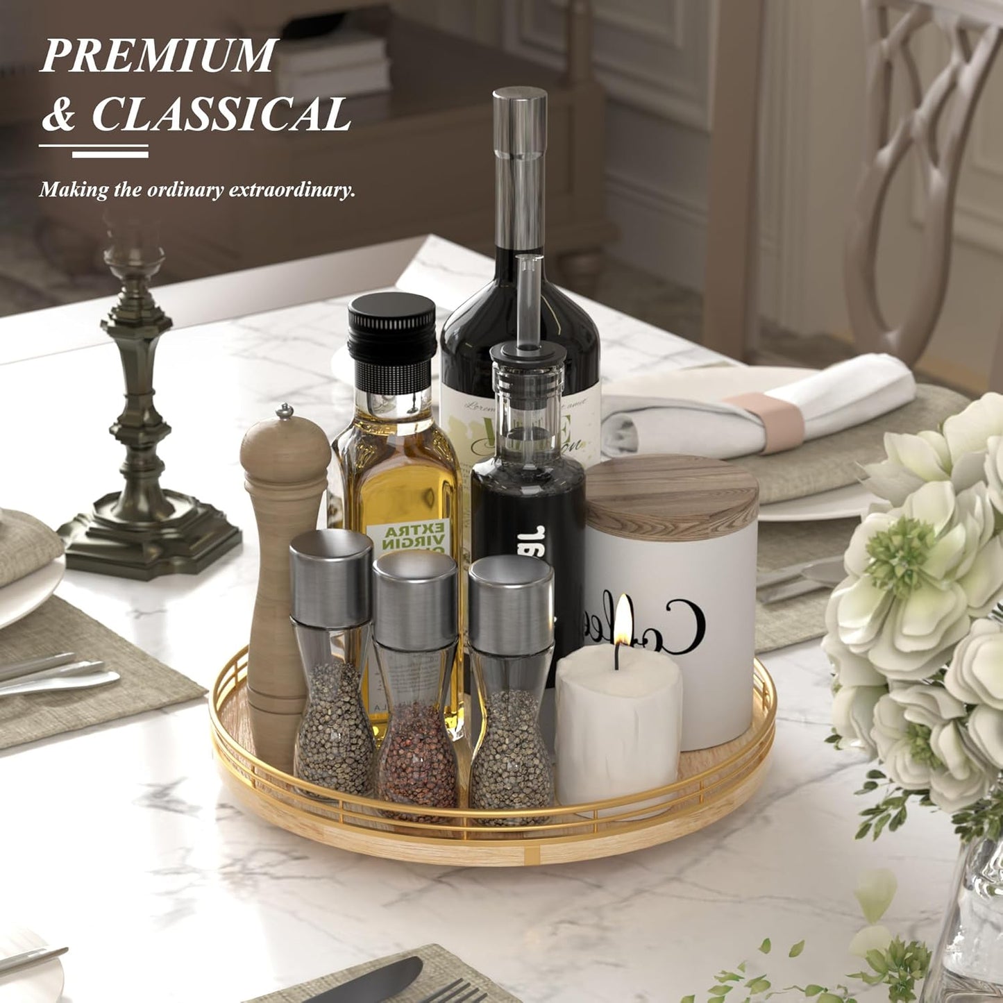 Farmhouse Oak 12" Lazy Susan Turntable Organizer for Cabinet, Round Wooden Lazy Susan Organization and Storage for Dining Table, Pantry, Kitchen, Countertop, Cupboard,Home Decor