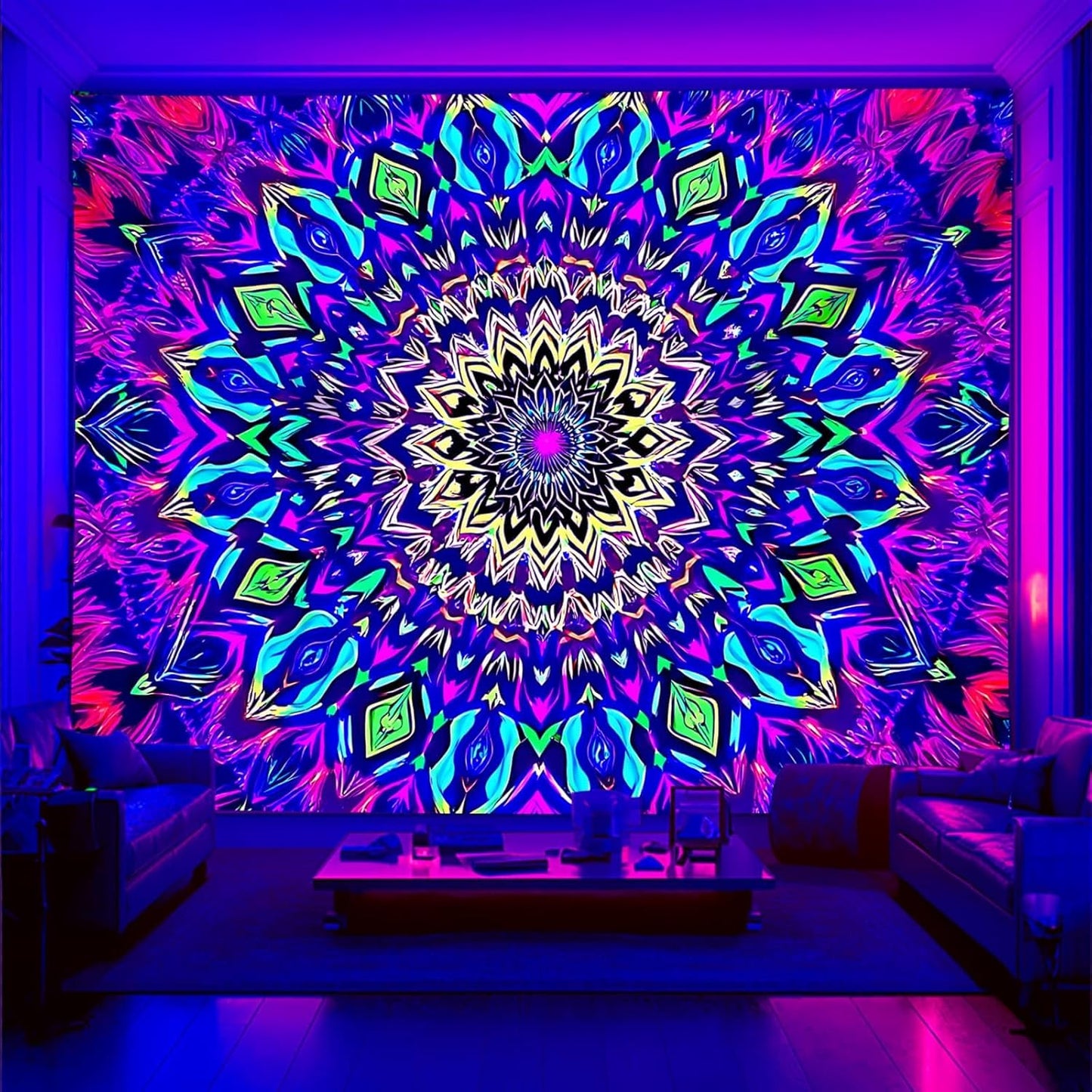 PSYHILAR Blacklight Mandala Tapestry for Bedroom, Medium Black Light Posters for Adults and Teens, Colorful UV Reactive Aesthetic Bohemian Wall Art Decor (60 x 50 Inches)
