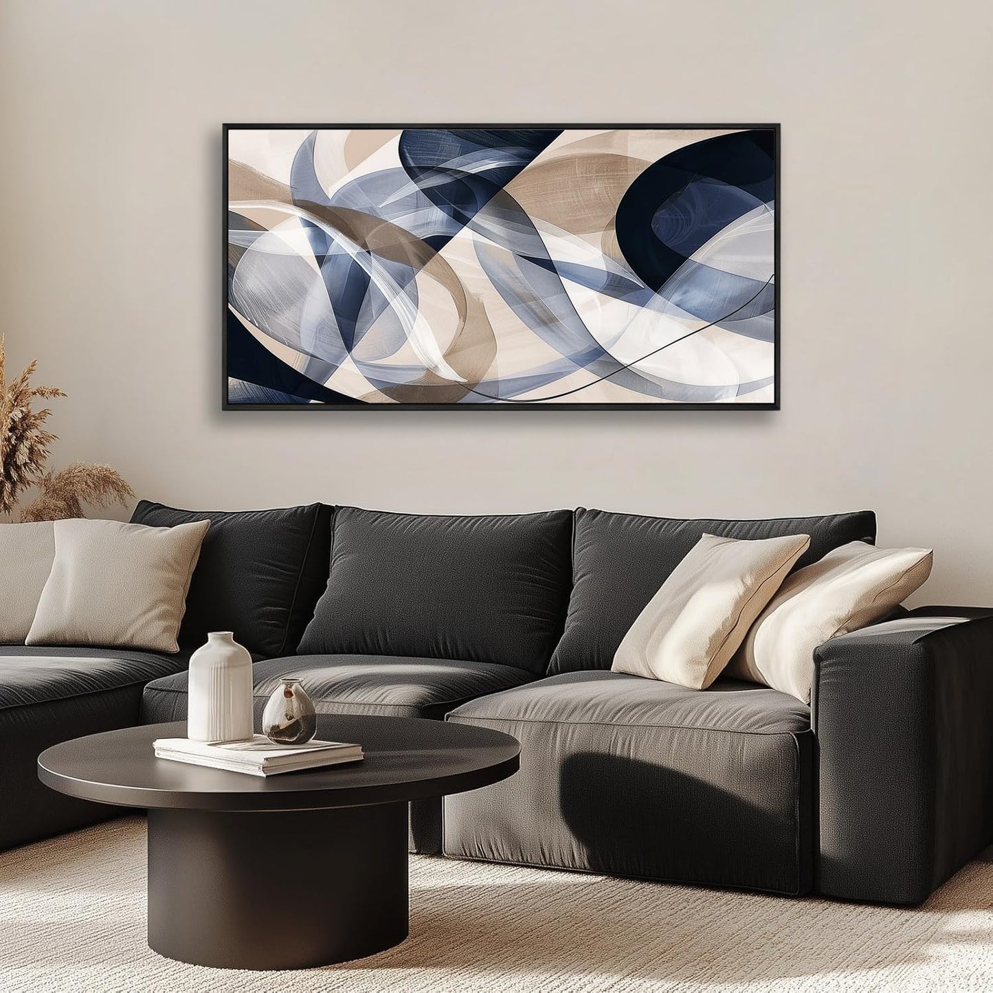 Modern Geometric Abstract Canvas Wall Art 40 x 20 inches Navy Blue and Beige Tones Canvas Painting Framed Home Artwork Living Room Decor for Bedroom Office Wall Decor