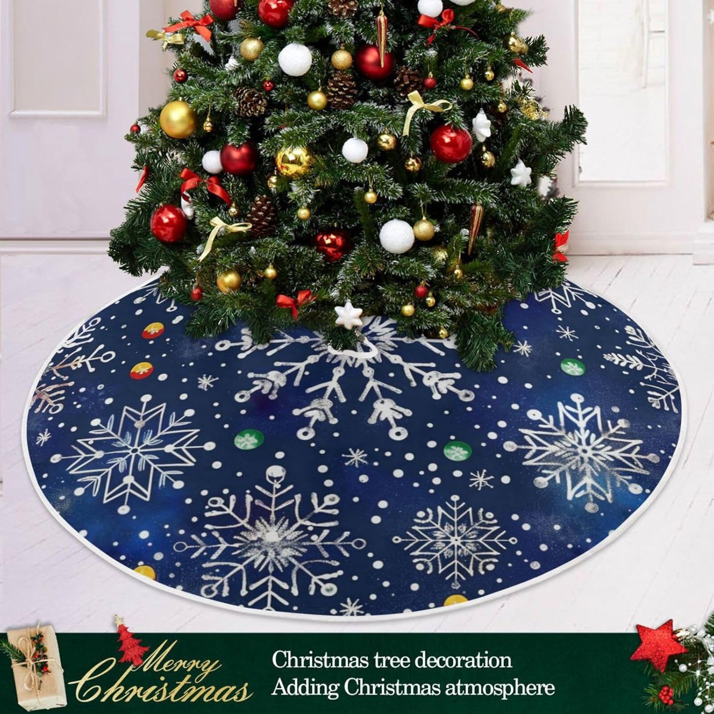 Christmas Tree Skirt, 48 Inch White Snowflakes Blue Background Xmas Tree Skirt for Christmas New Year Party Decorations Christmas Tree Mat