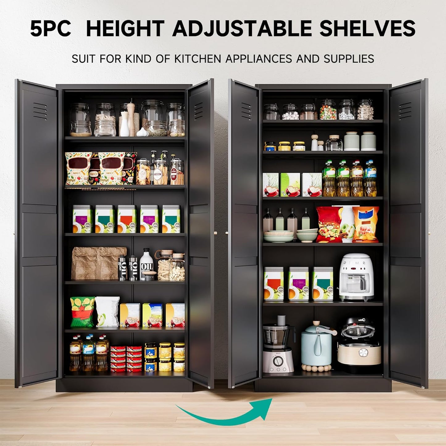 SISESOL Black Storage Cabinet,71" Tall Pantry Cabinet,Kitchen Pantry Storage Cabinets with 2 Doors and 6 Shelves,Wide Deep Metal Food Cupboard for Home,Kitchen,Dining/Living Room