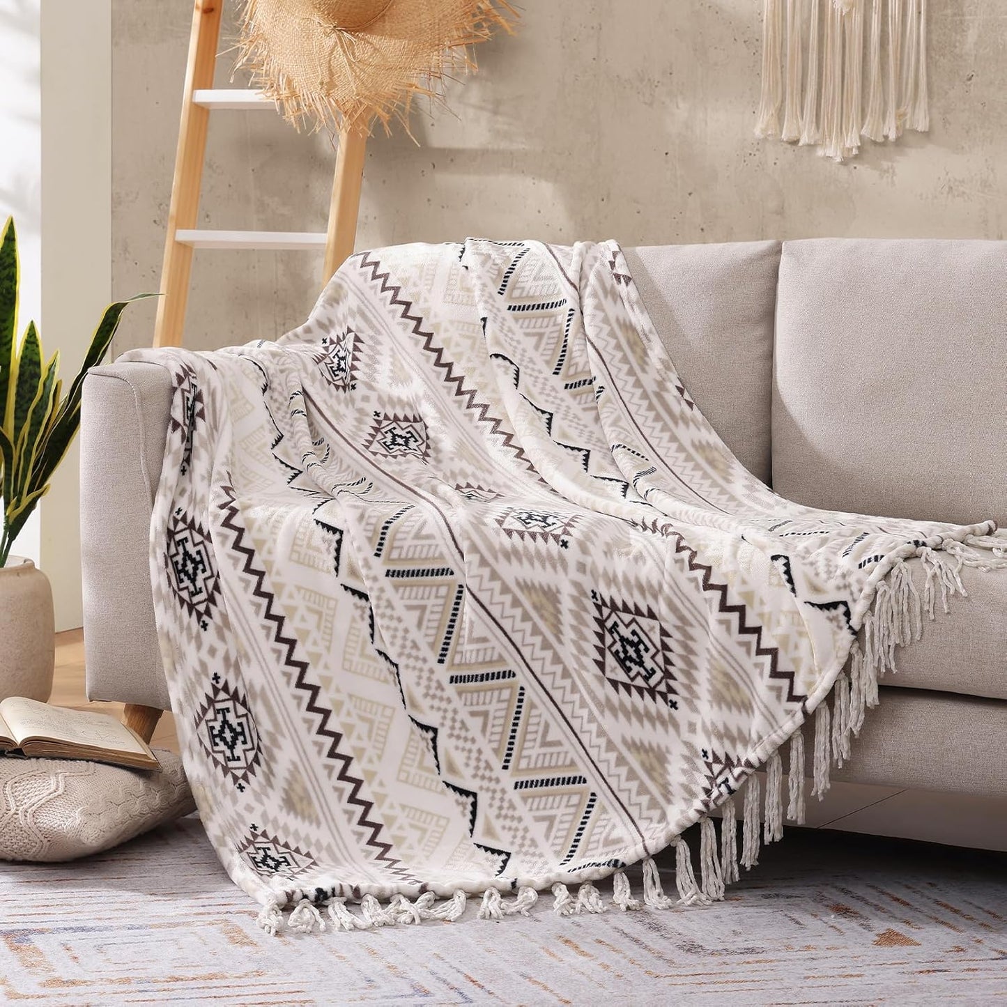 CASAAGUSTO Boho Throw Blanket - Beige and Gray Decorative Blankets with Tassel, Printed Flannel Bohemian Blanket for Chair, Bed, Sofa, Couch(60 * 80, Beige and Gray)