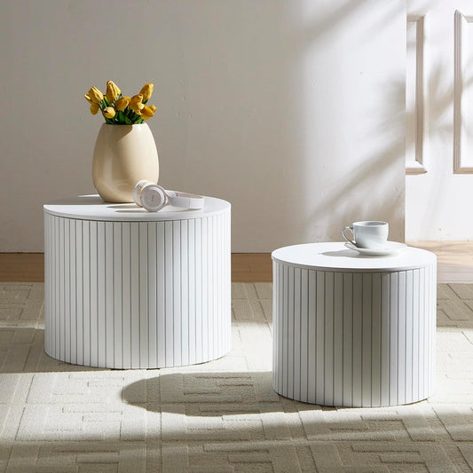 Nesting Cofee Tables Set of 2 with Storage, Modern Round Wooden Coffee Table Circle Side Tables Accent Walnut Table for Living Room, Small Spaces, Bedroom,Balcony, Office(19.17" White)