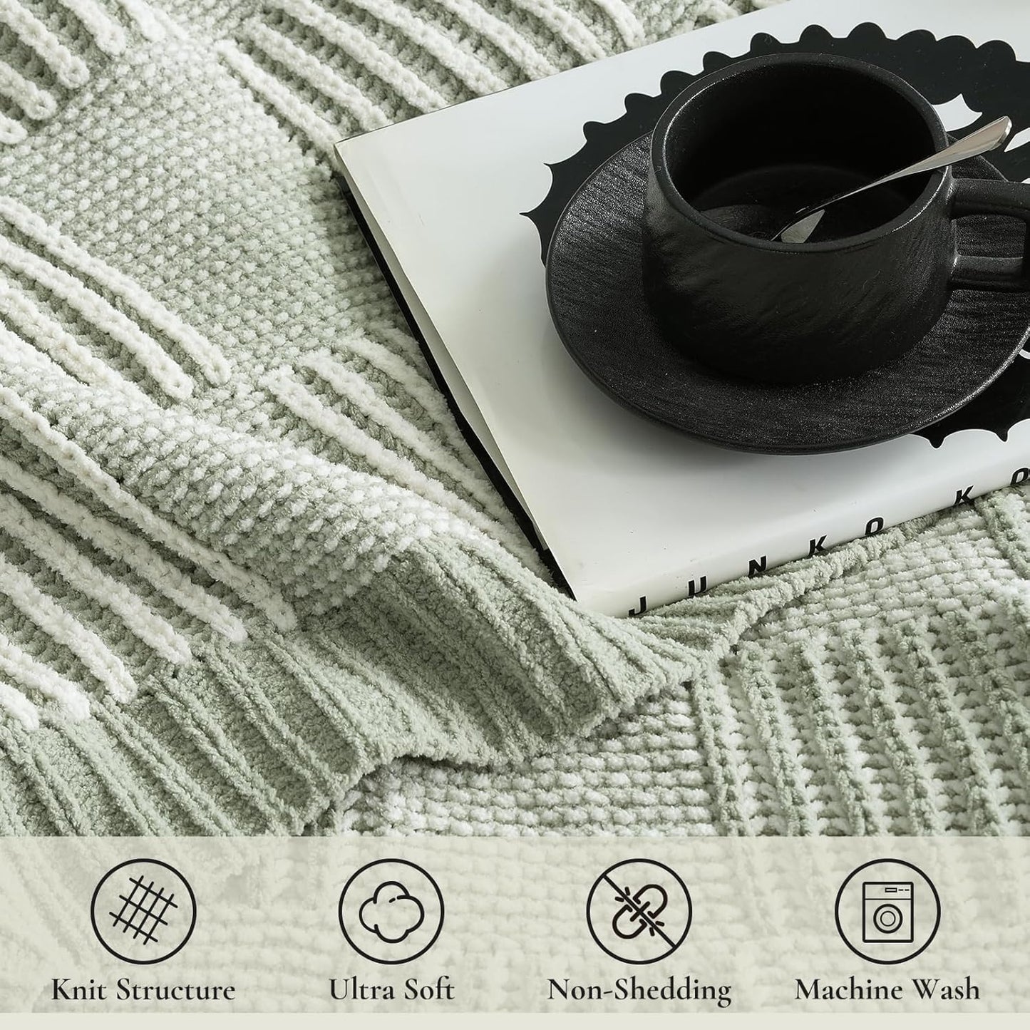 Amélie Home Chenille Knit Throw Blanket for Couch, Checkered Texture Decorative Soft Blanket for Sofa, Bed & Living Room, 50"x60", Sage Green & White