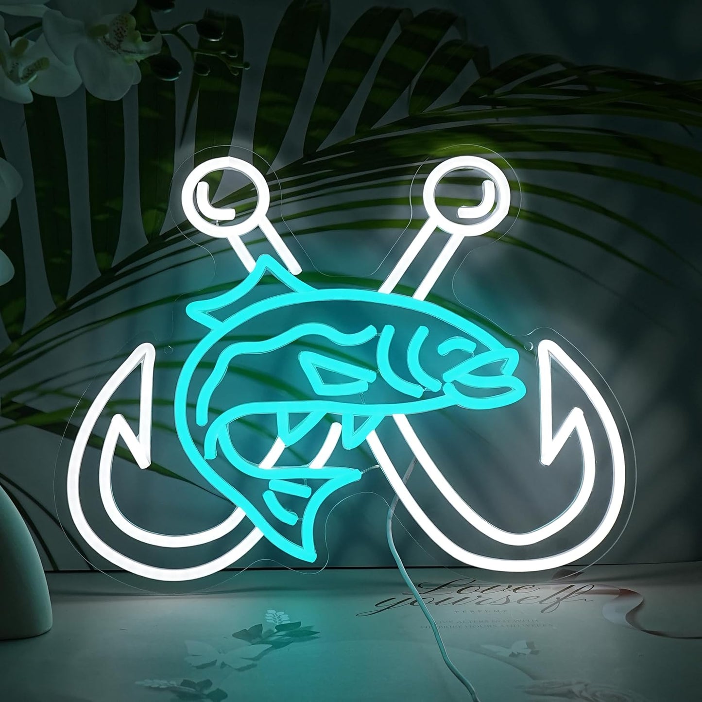 LISIGNVE Crossed Fish Hooks Neon Sign Fishing Led Neon Light for Wall Decor Fish On Light up Sign for Fishing Gear Store Yacht Gift for Father Boy(16.5 * 12.6 In)