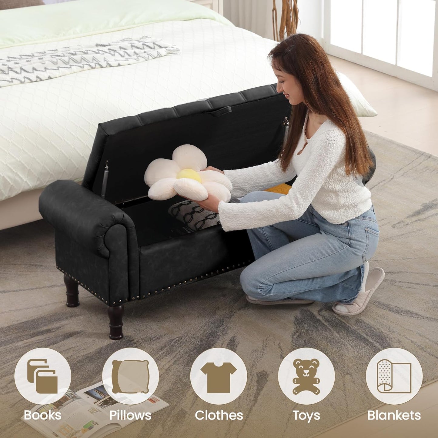 Storage Ottoman Bench for Bedroom, 51" Upholstered Bedroom Bench with Rolled Arms and Vintage Rivets, Large Storage Chest for Living Room, Bedroom, Entryway, Black