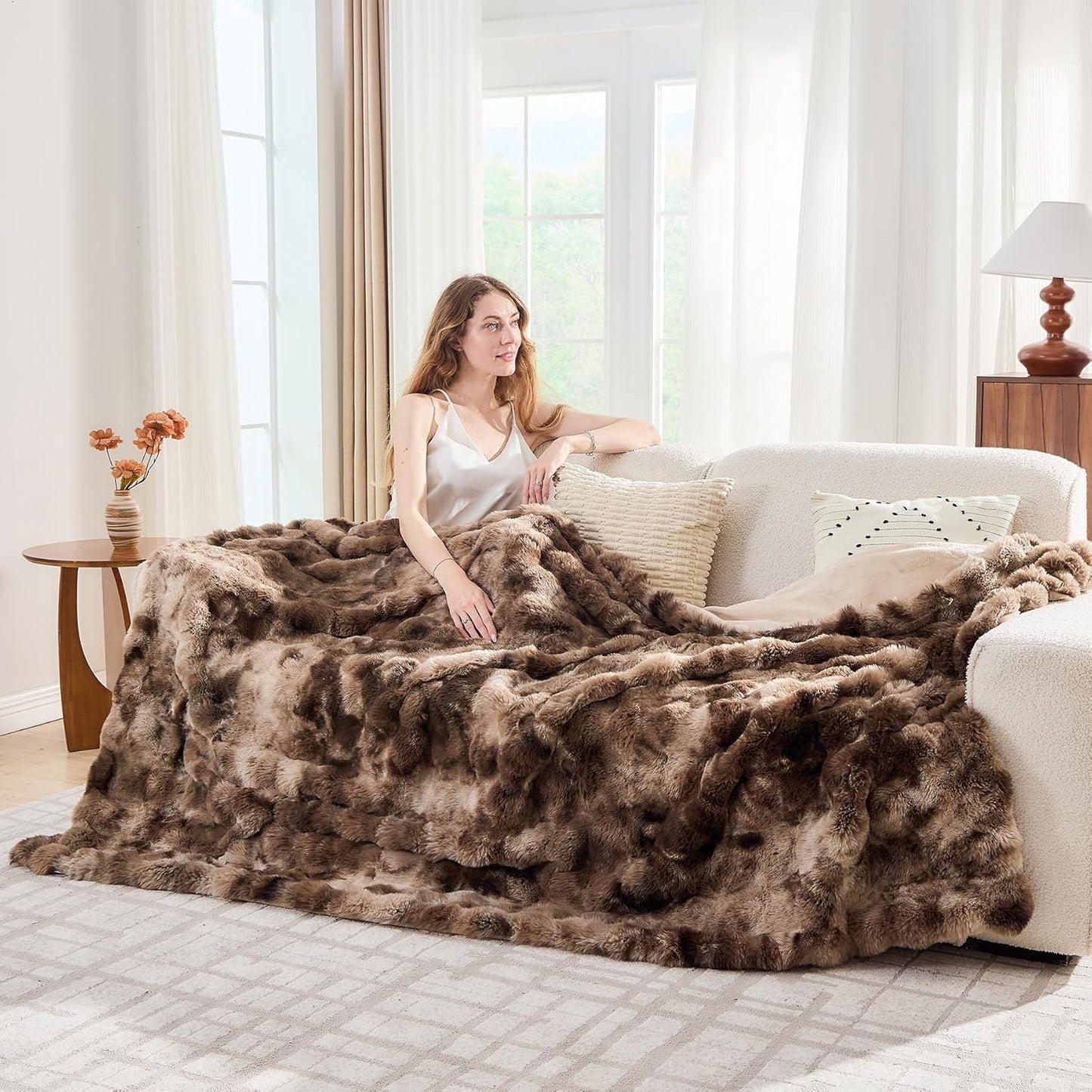 Lotus Karen Faux Fur Throw Blanket Tie-Dye Dark Coffee - Big Bubble Rabbit Fluff Blanket for Couch, Large Fluffy Fuzzy Cozy Blanket,Thick Furry Plush Shaggy Blankets,108x90 Inches
