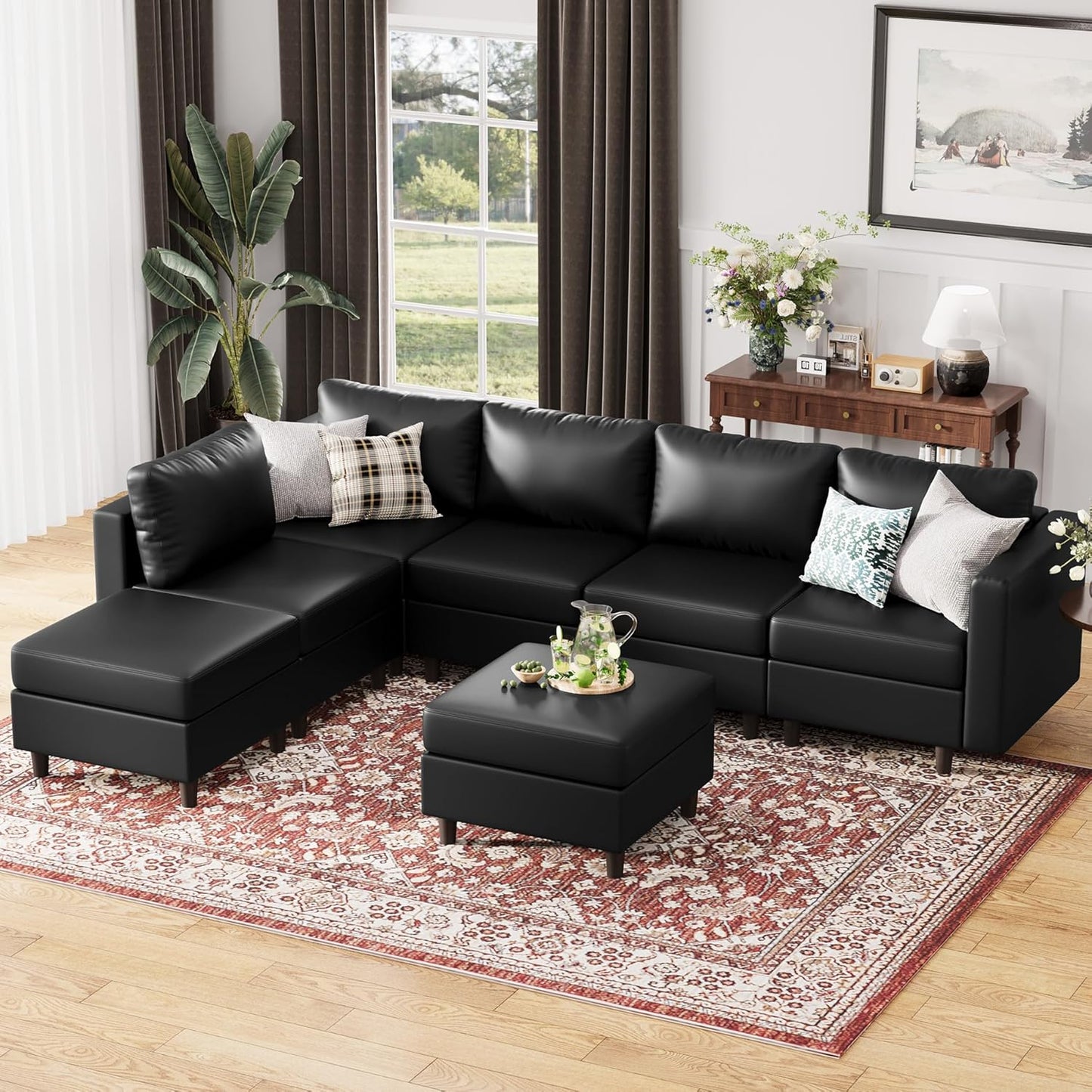 118.5" Faux Leather Modular Sectional Sofa, L Shaped Couch Set for Living Room, 7-Seater Comfy Cloud Couches with Storage Seat Black