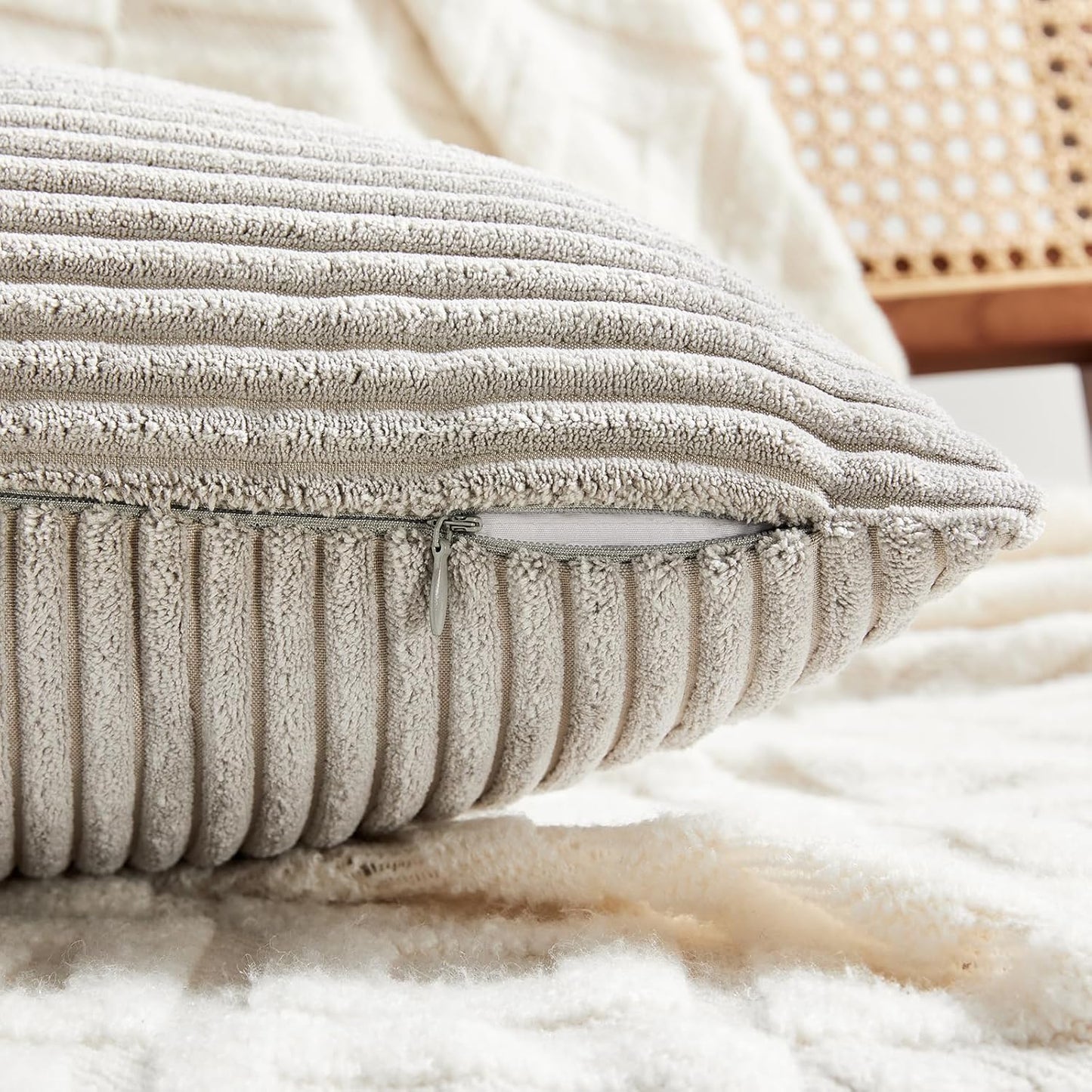 Fancy Homi 2 Packs Neutral Grey Decorative Throw Pillow Covers 18x18 Inch for Living Room Couch Sofa, Rustic Farmhouse Boho Home Decor, Soft Corss Corduroy Patchwork Textured Square Cushion Case 45cm