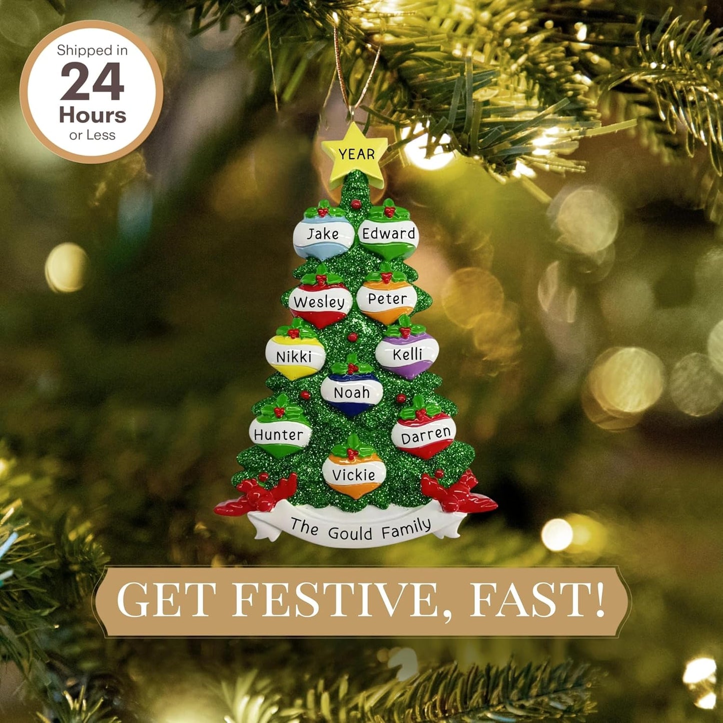 Personalized Large Family of 10 Ornament 2025 | Free 24h Customization | Christmas Ornaments for Tree | Custom Gift Wrapped Green Glitter Keepsake for Ten Persons