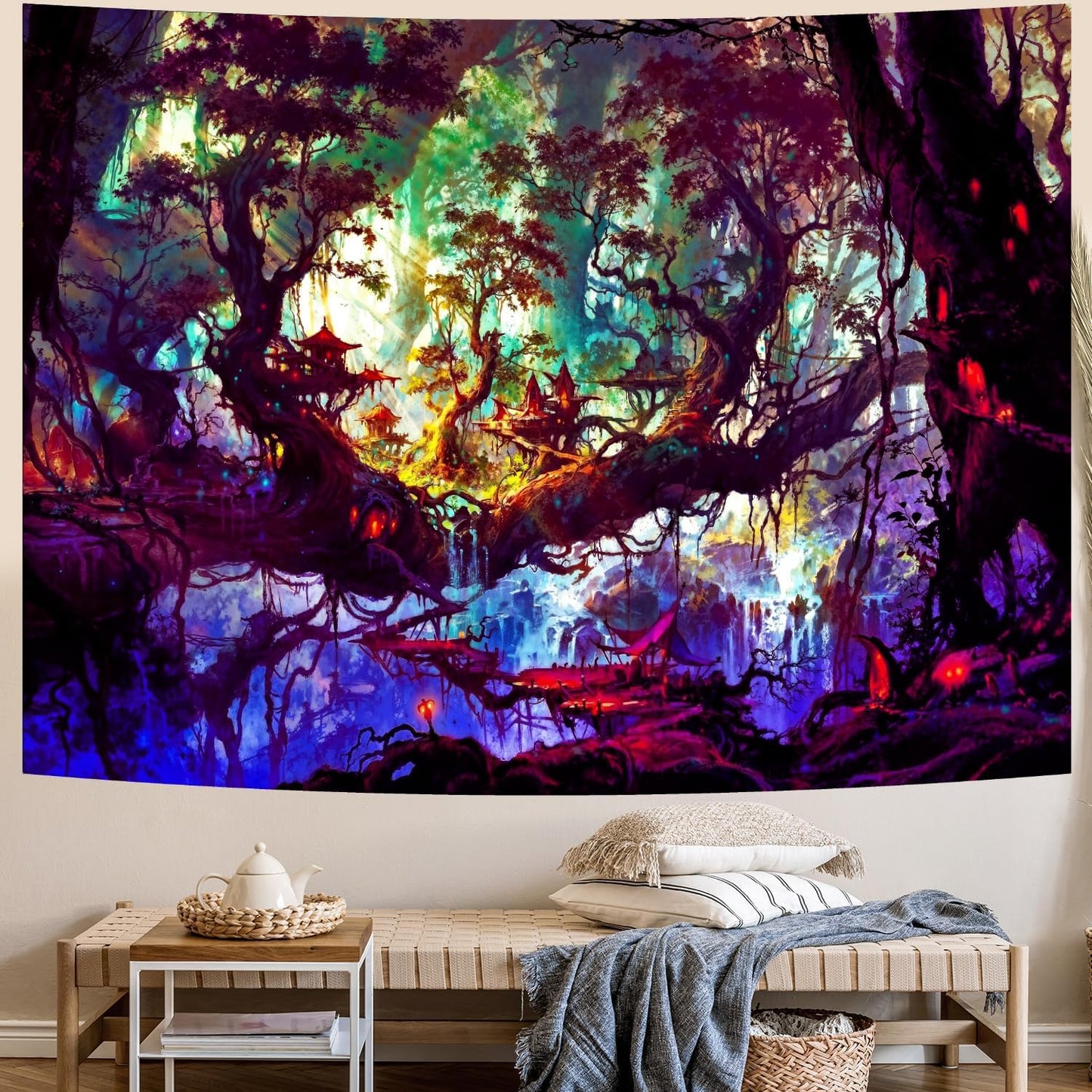 Delur Fantasy Forest Tapestry Mystical Landscape Magical Enchanted Forest Tree Nature Tapestry Psychedelic Wall Hanging Headboard for Bedroom Living Room Home Decor (70.8" x 92.5")