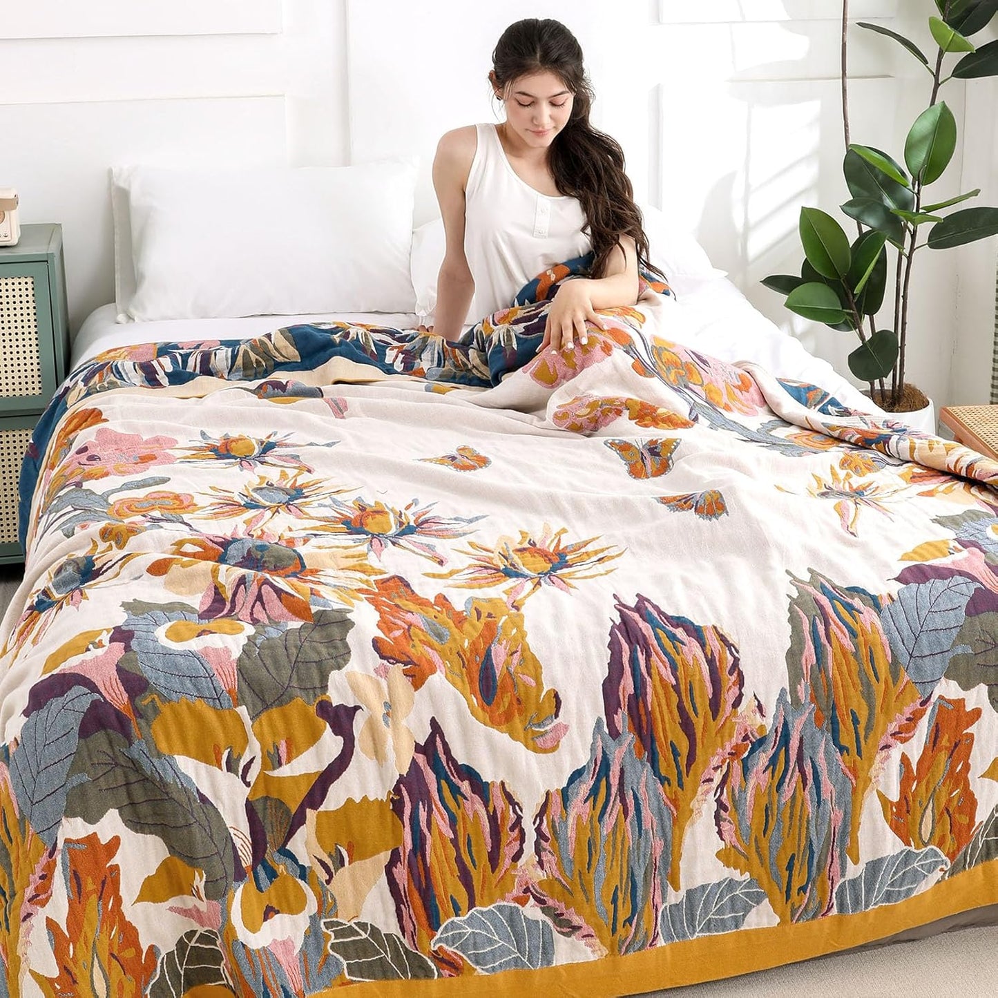 Boho Throw Blanket for Bed - 100% Pure Cotton Ultra Soft Rustic Quilt - Farmhouse Decor Bed Blankets, All Season Rustic Throw for Sofa Couch Chair(80''x 90'', Floral)