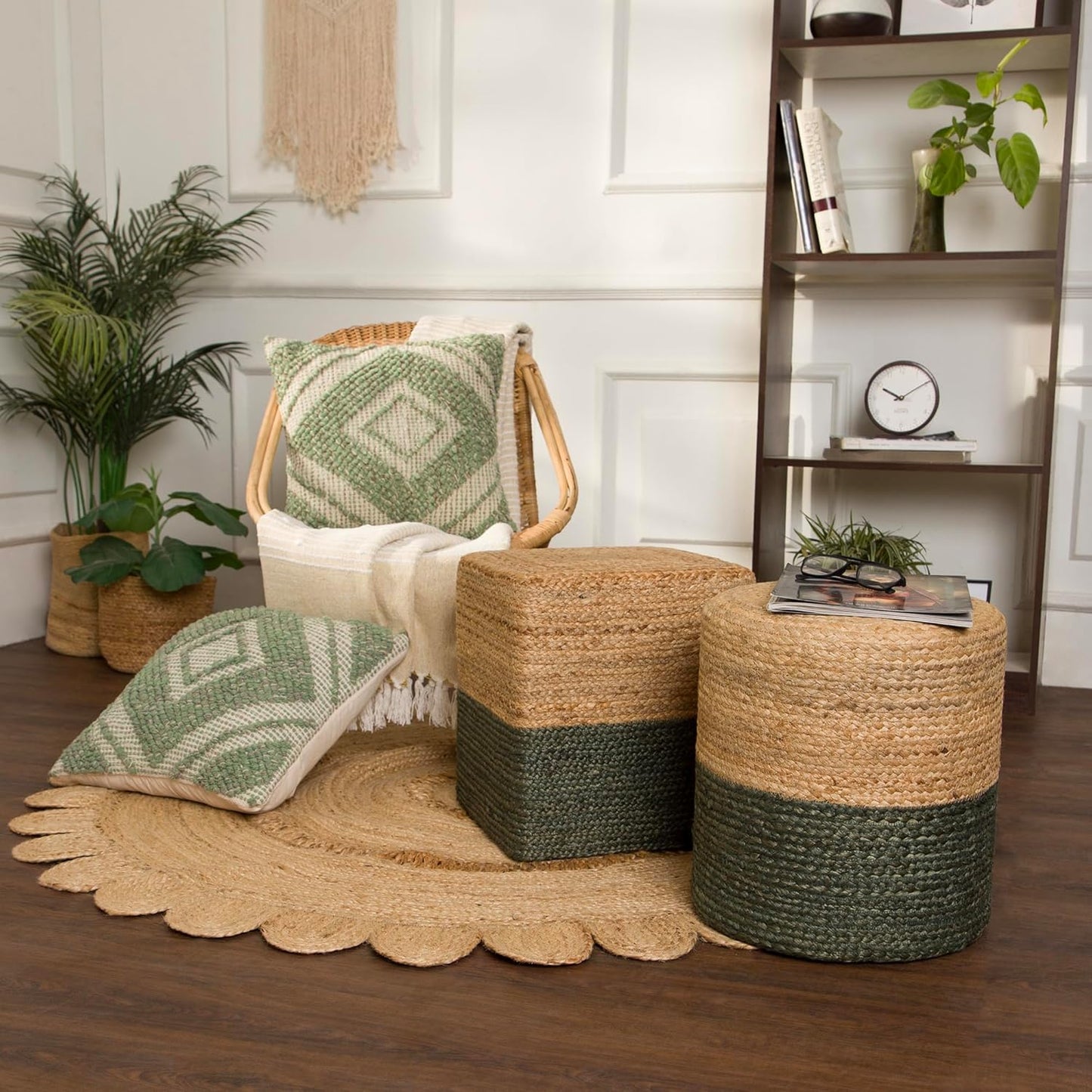 REDEARTH · Cube Pouf Foot Stool Ottoman - Jute Braided Pouffe Poof Accent Sitting Footrest for The Living Room, Bedroom, Nursery, Patio, Lounge & Other Rooms (14.5”x14.5”x16”; Natural Olive)