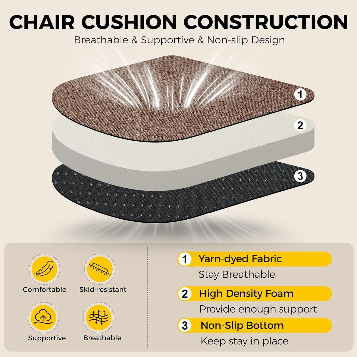 downluxe Indoor Chair Cushions for Dining Chairs, Soft and Comfortable Textured Foam Kitchen Chair Pads with Ties and Non-Slip Backing, 16" x 16" x 2", Brown, 4 Pack