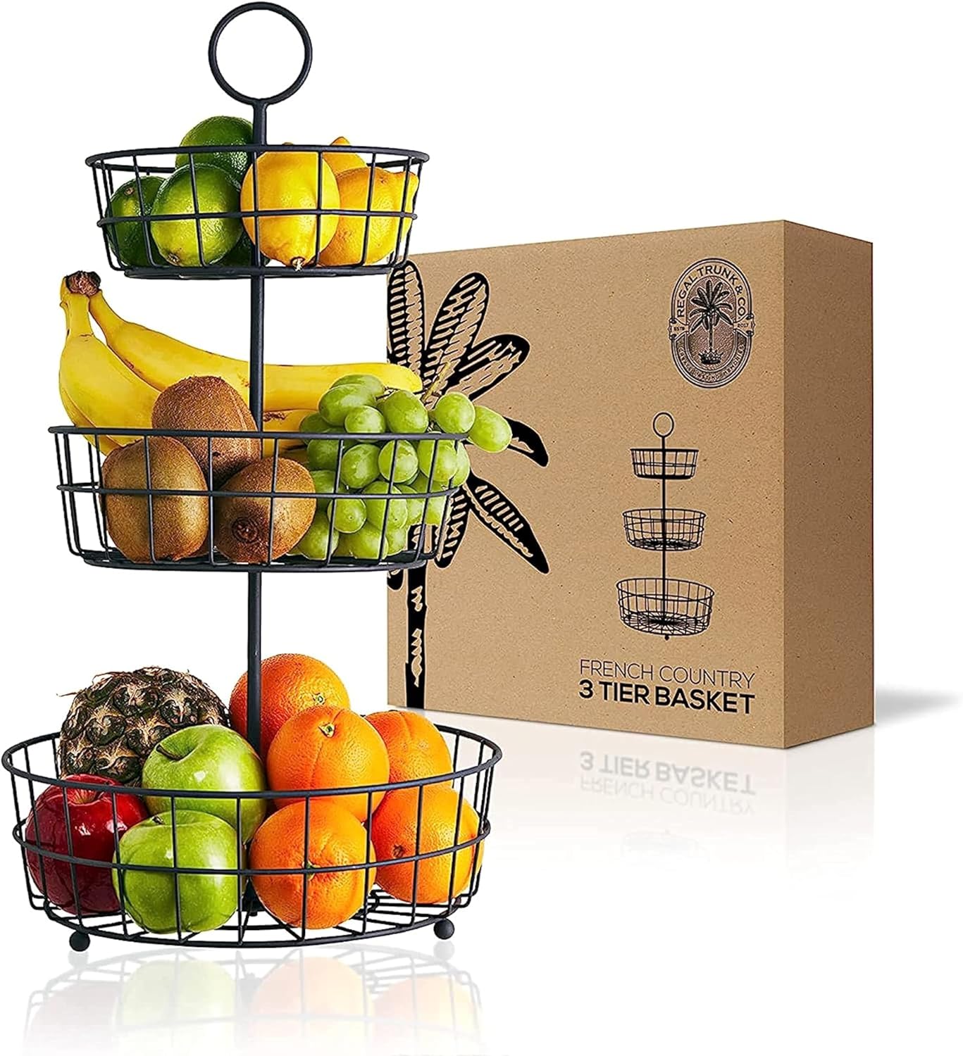 REGAL TRUNK & CO. 3 Tier Fruit Basket, Elegant French Country Wire Baskets, Three Tiered Wire Basket Stand for Vegetables, Bread & More for Countertop or Hanging, Christmas or Birthday Present