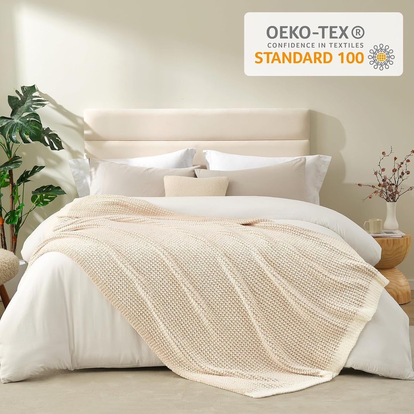 Snuggle Sac Cream Waffle Blanket for Couch Bed Sofa 60x80 inches, Reversible Beige Soft Throw Microfiber Fluffy Fuzzy Cozy Knit Twin Blanket for Women Mothers Birthday Gifts