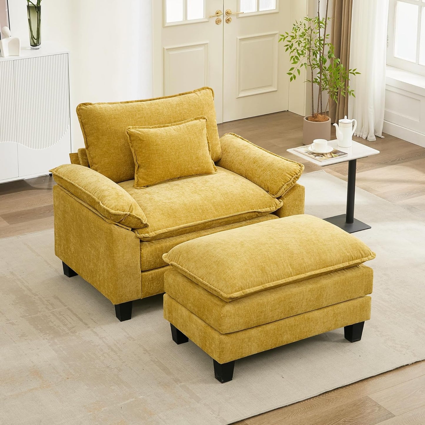 URRED Modular Sectional Sofa Comfy Cloud Couch, Modern Chenille Sofa Sleeper Deep Seat Couches with Ottoman/Pillows for Living Room (Yellow, 53''- Ottoman)