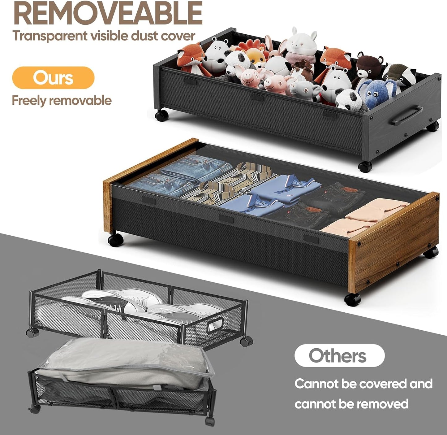 Wooden Under Bed Storage with Wheels, Rolling Under the Bed Storage Bins with Removable Lid, Metal Under Bed Drawers for Clothes and Shoes in Bedroom or Living Room(Vintage Brown-2pack)