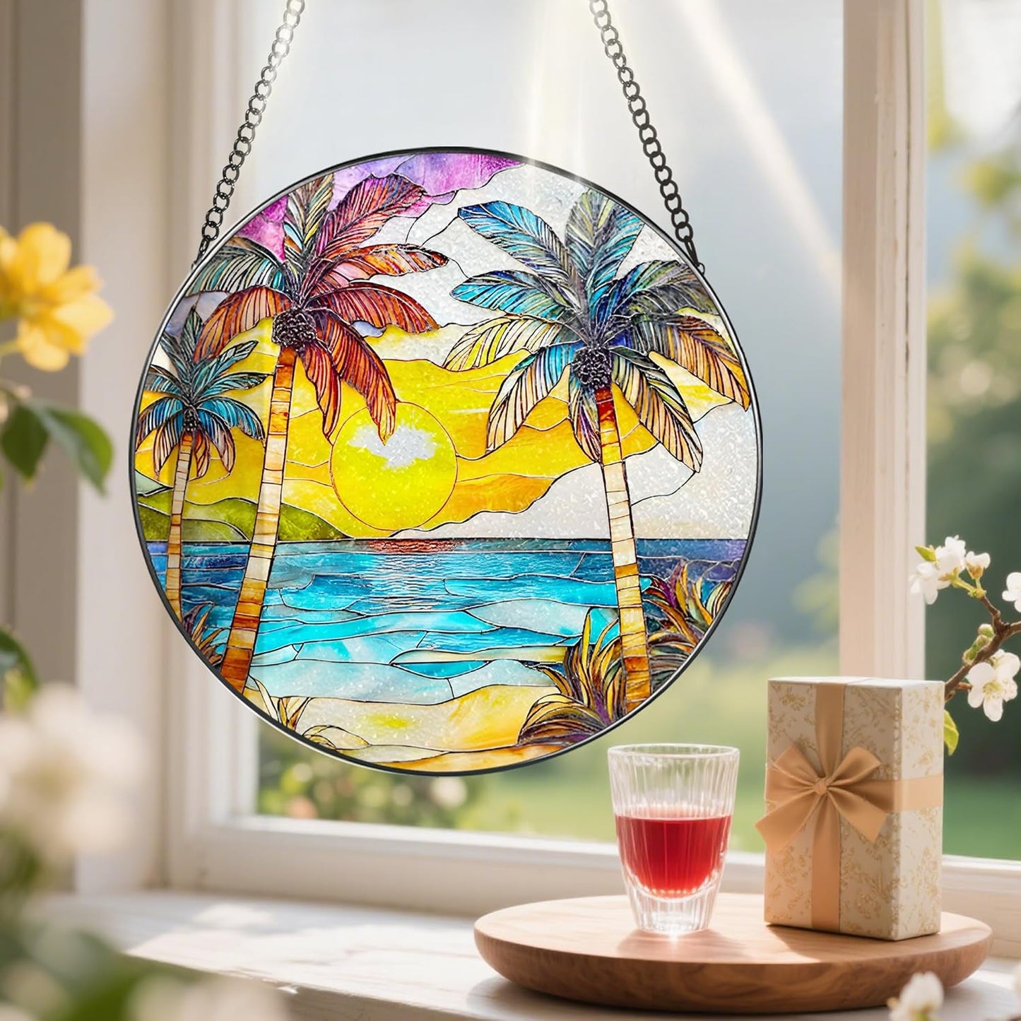 Stained Glass Window Hanging, 8 Inch Beach Sunset Stained Glass Suncatcher, Window Hanging Decor, Beach Lover Home Decor, Seabeach Sunrise Suncatcher, Gift for Mom Grandma